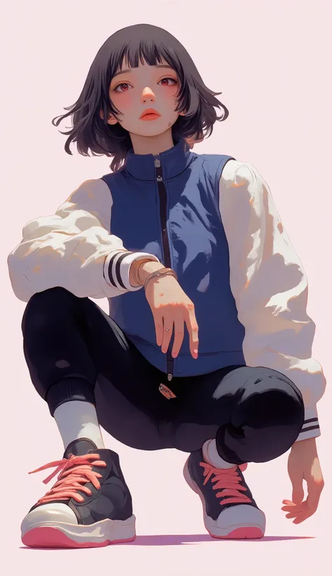 People with black short hair and multiple piercings are depicted in stylized pictures. They wear a sporty outfit consisting of a navy blue track jacket with white stripes, high-collar white shirt worn underneath, and black pants with white stripes.  This e...