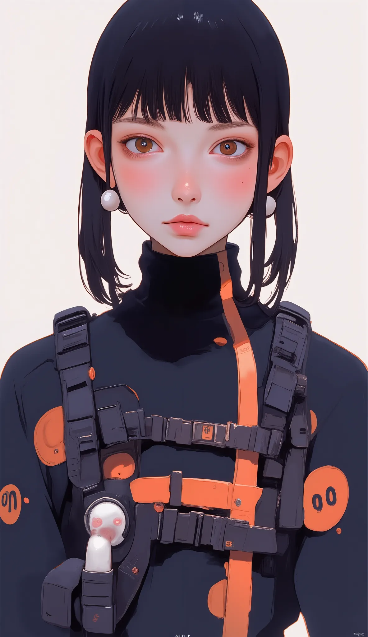この画像teeth感覚を捉えていますモダンさとハイテク美学 {x} 未来的なセッティングのイラスト入りのキャラクターteeth、wear intricate bodysuits featuring sophisticated designs with white and black elements accented with vibrant orange lines。. their hair , with prominent numbers, Decorated with、in a voluminous...