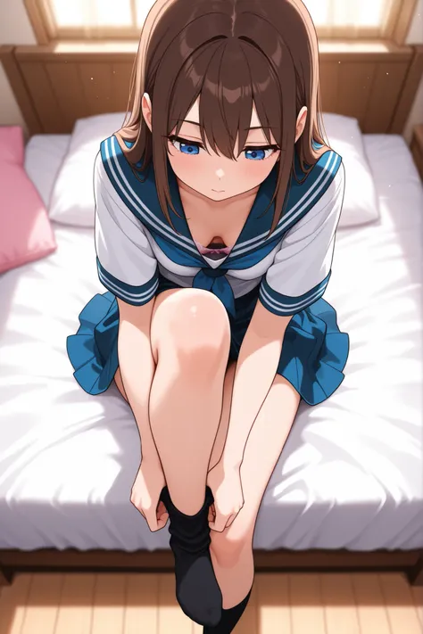 nsfw,anime,masterpiece, best quality, highly dramatic picture, beautiful eyes, cinematic lens effect,ultra cute,bedroom background,from above,1 women ,sitting on bed,dressing socks, adjusting legwear,leaning forward,one knee up,lookig down,school uniform,s...