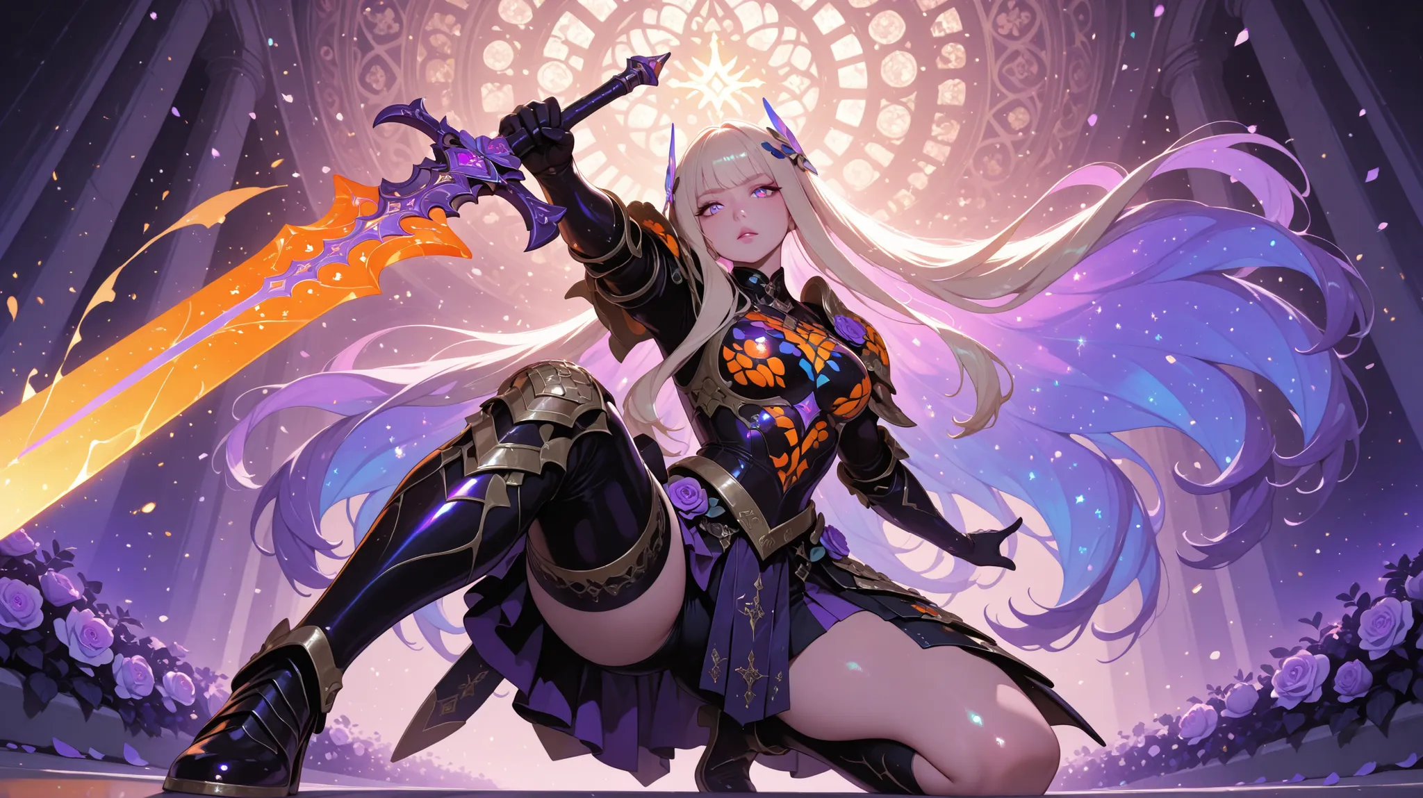 Girl, rose flower armor, intricate armor, intricate swords, glowing sword, gloss, glow, shine, pink color, orange color, violet color, lilac color, purple color, iridescence, pointing sword to viewer, ornater hair ornaments, extra long hair, beige color ha...
