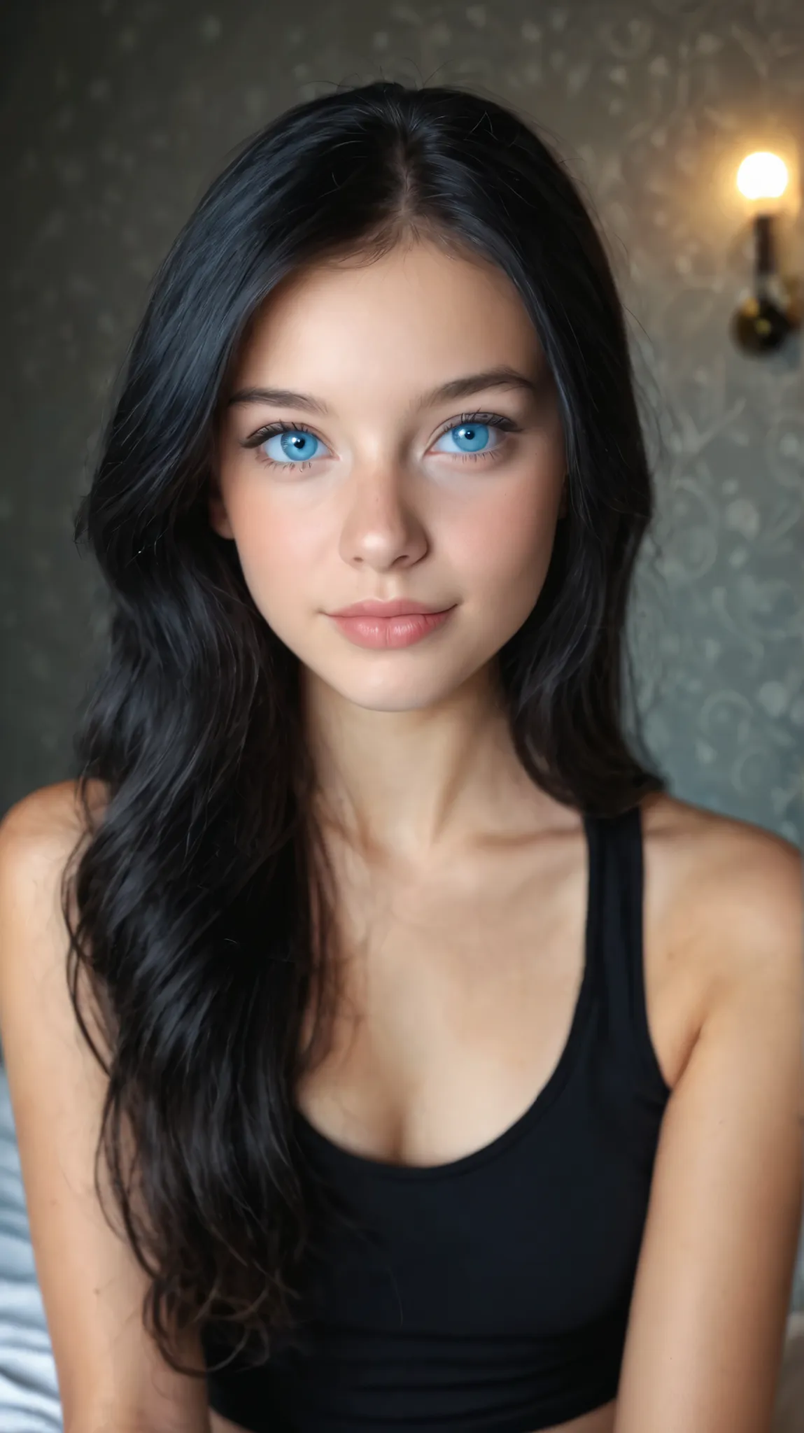 A hyper-realistic digital photograph captures a sensual, pretty nordic lady, ultra detailed, ultra realistic skin, cute face, young Caucasian woman with icy blue eyes and long flowing black hair, sitting on bed, dimly lit room, wearing a black sleeveless t...