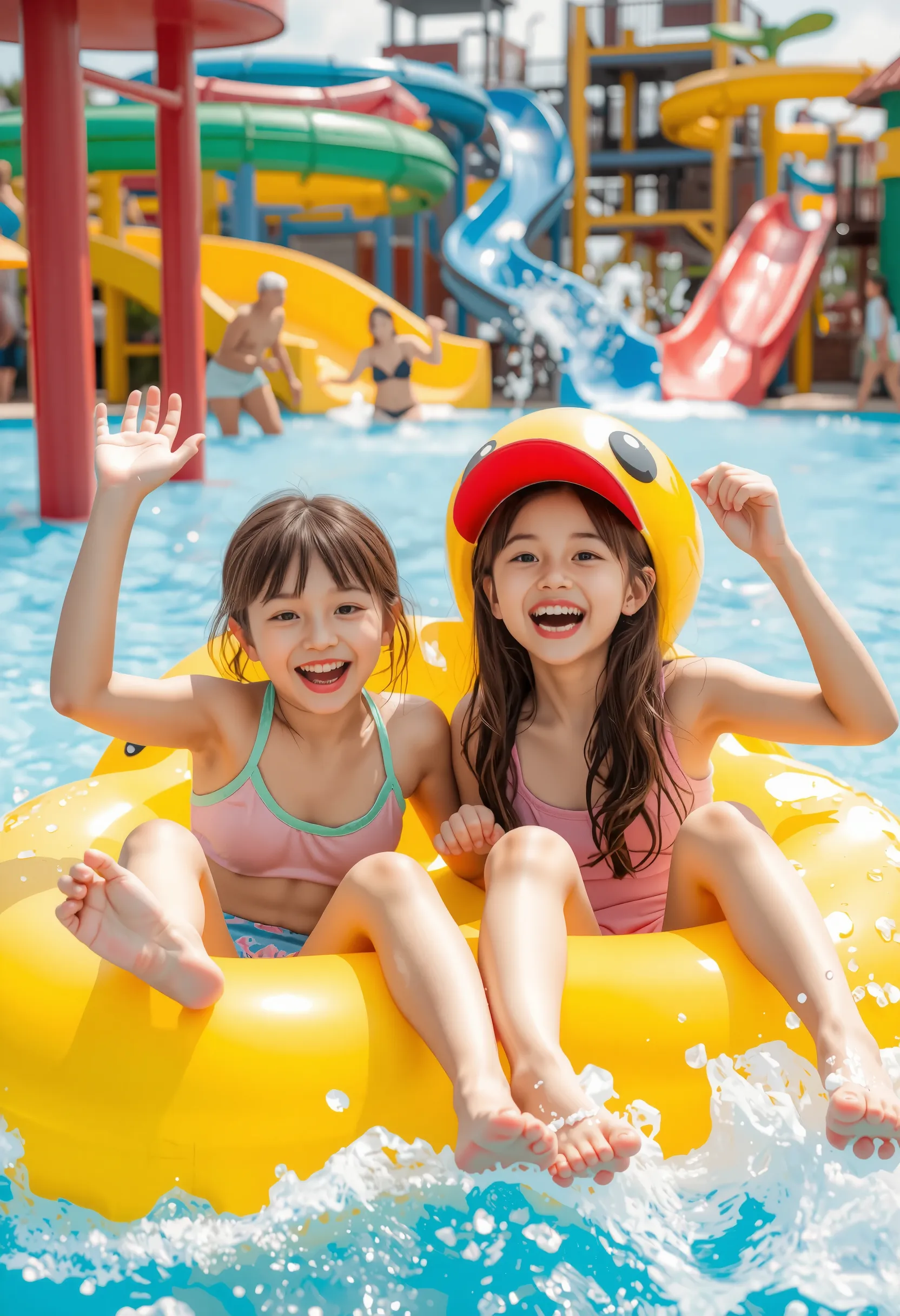 A realistic image of two young girls having fun at a water theme park. They are in a wave pool, laughing and enjoying themselves while floating on bright yellow duck-shaped inflatables. The sun is shining, water splashes around them, and the background sho...