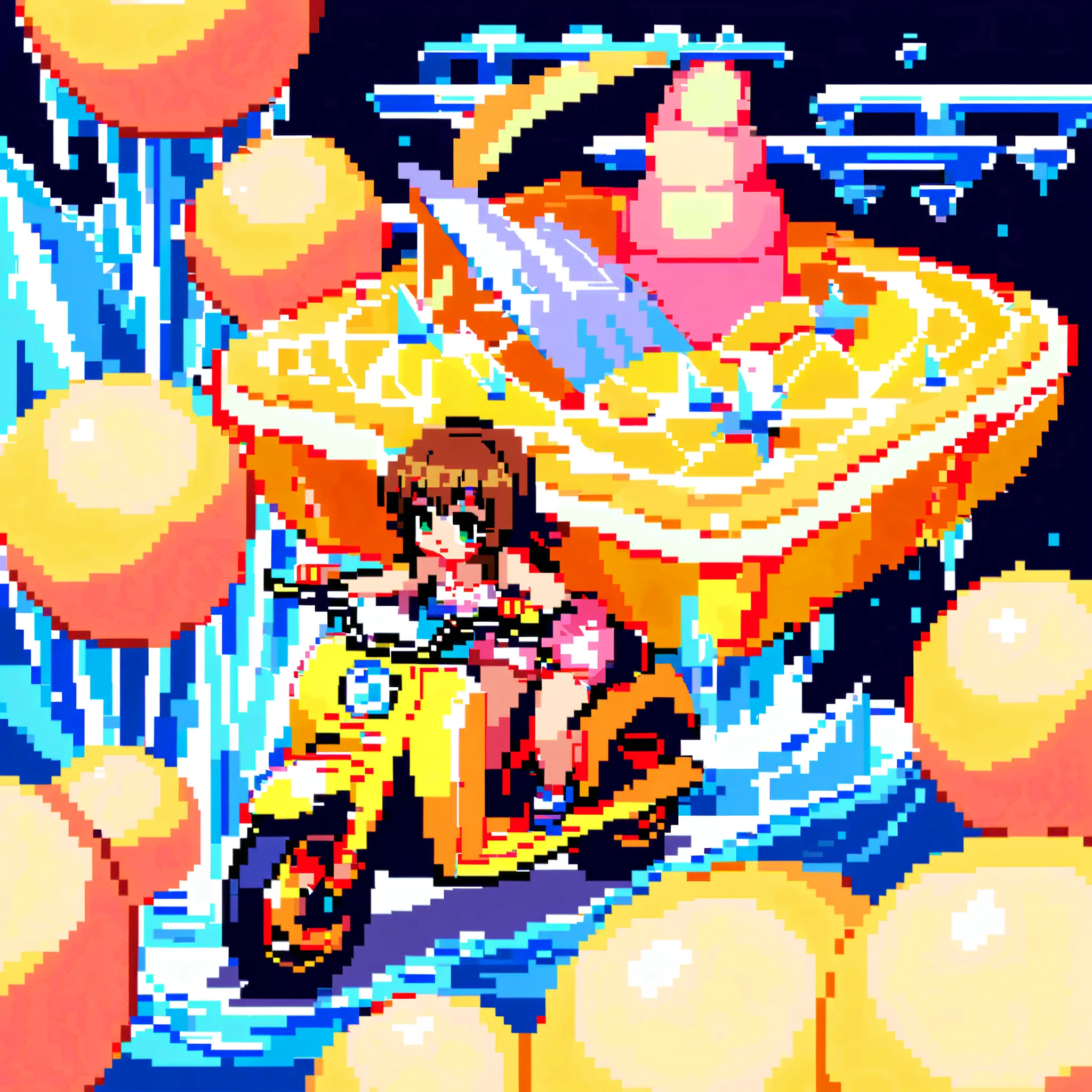 pixel style. stylized modern pixel art style. a cat riding a yellow banana fruit bike through a giant container of ice cream.