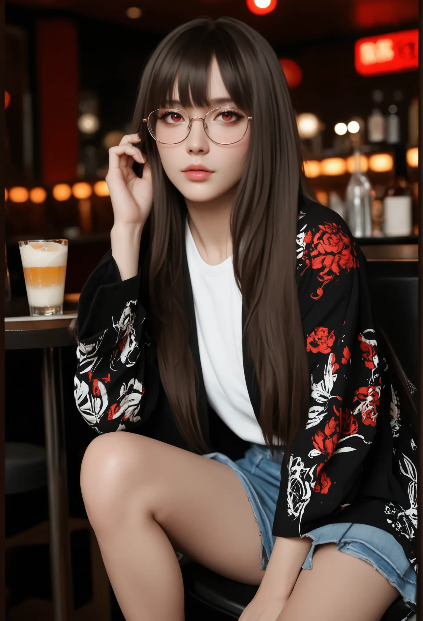 Long hair with bangs, red eyes, sitting in a club. glasses.