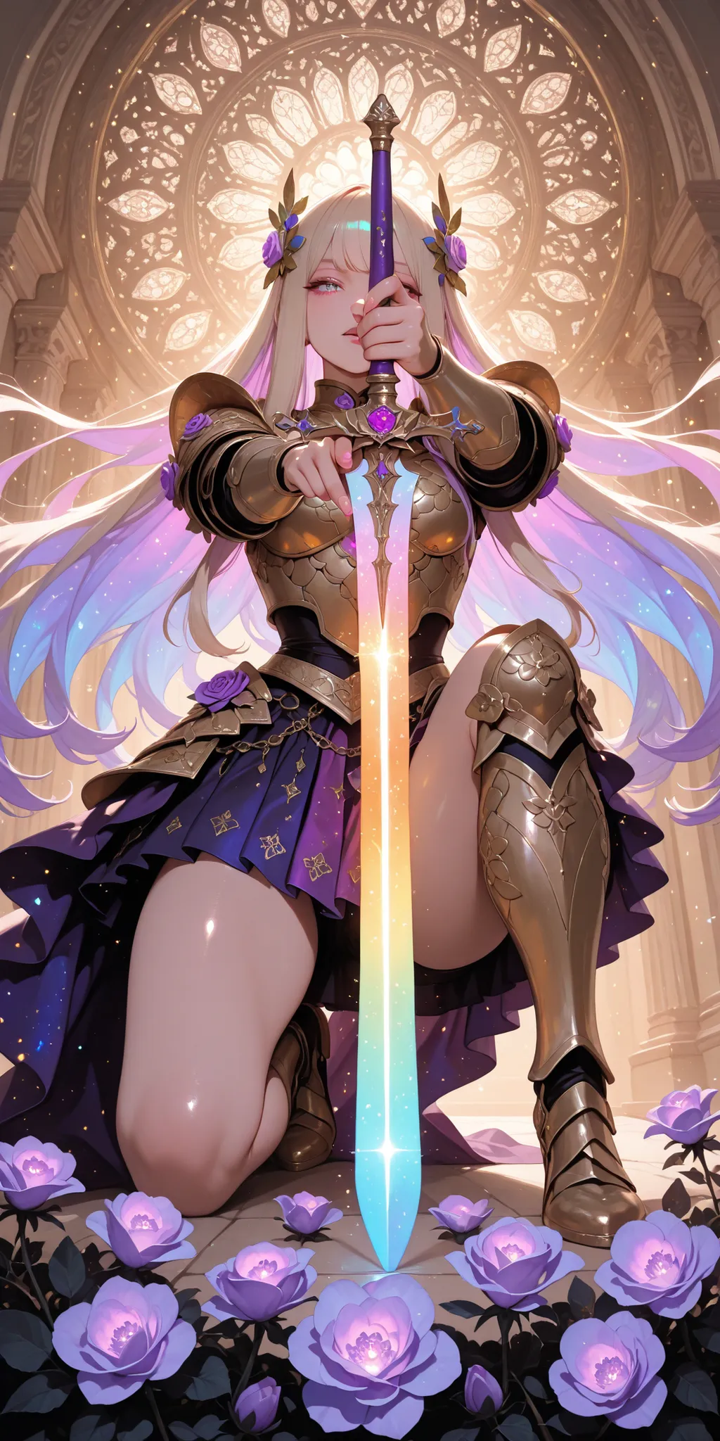 Girl, rose flower armor, intricate armor, intricate swords, glowing sword, gloss, glow, shine, pink color, orange color, violet color, lilac color, purple color, iridescence, pointing sword to viewer, ornater hair ornaments, extra long hair, beige color ha...