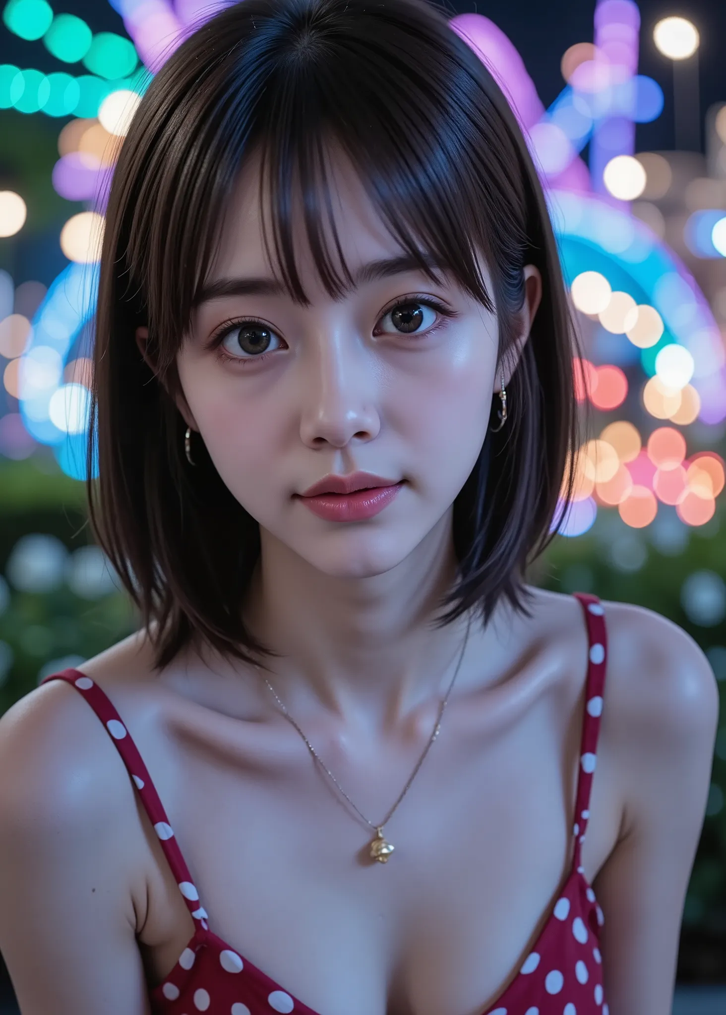 super real, photorealistic, dramatic scene, global lighting, LED Lighting , (Pretty Girl in Wonderland、Rainbow Colored Hair、big eyes), A very cute and delicate Japanese girl, 「It's a vivid and fantastic background、Her hair is pastel.、The overall vibe is d...