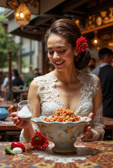 An awards winning masterpiece  visually hooked picture of year 1886 Beautiful light  brunette hair porcelain skin Dutch young woman, happily laughter, she has a large bowl of shaved ice with maple syrup and strawberry seasoning on an art deco table at the ...