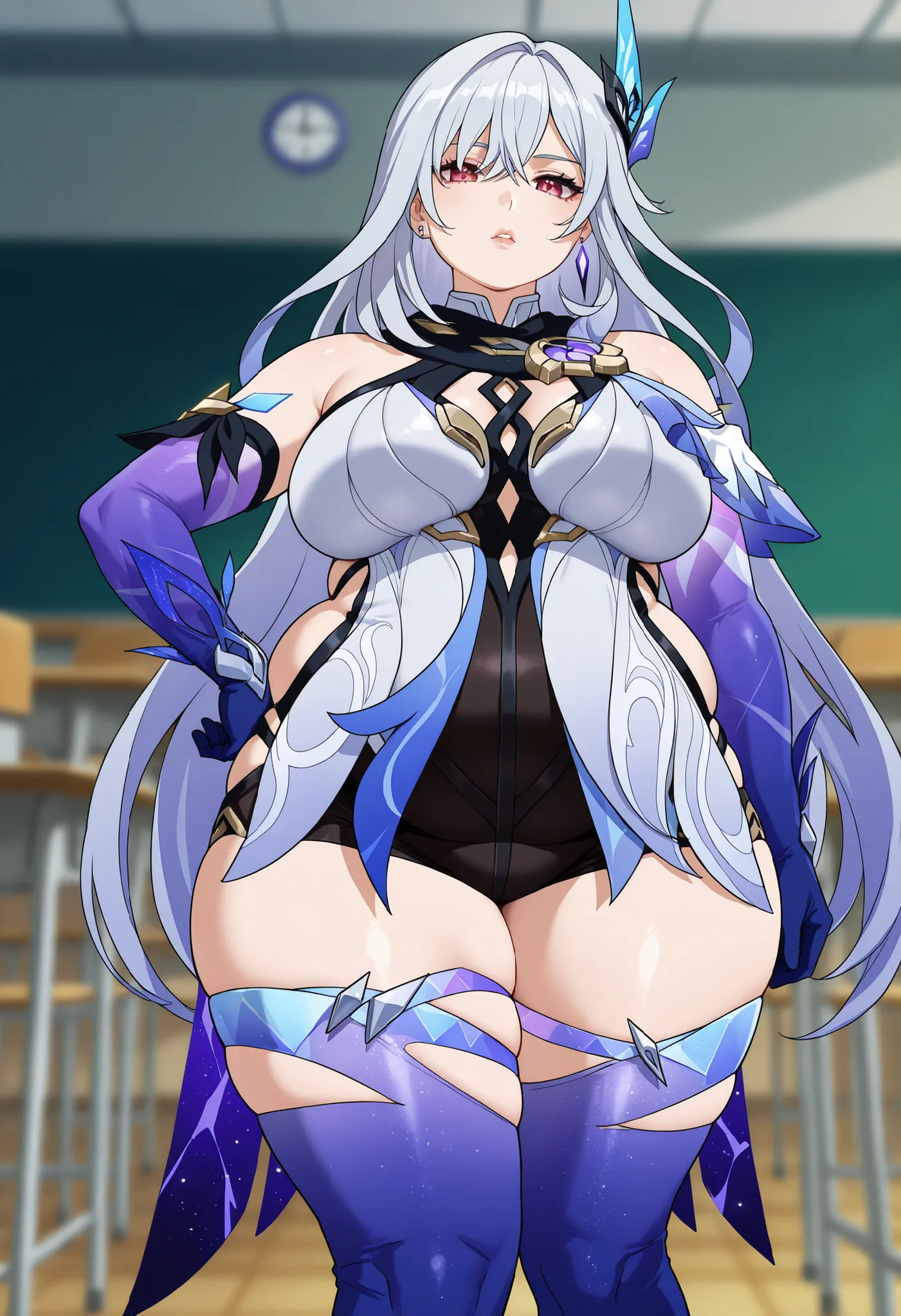 anime screencap, masterpiece, best quality,
1girl, solo, parted lips,
1girl, solo, mature female, skirk \(genshin impact\), genshin impact, 1girl, solo, breasts, long hair, gloves, thighhighs, looking at viewer, elbow gloves, hand on hip, bangs, hair orna...