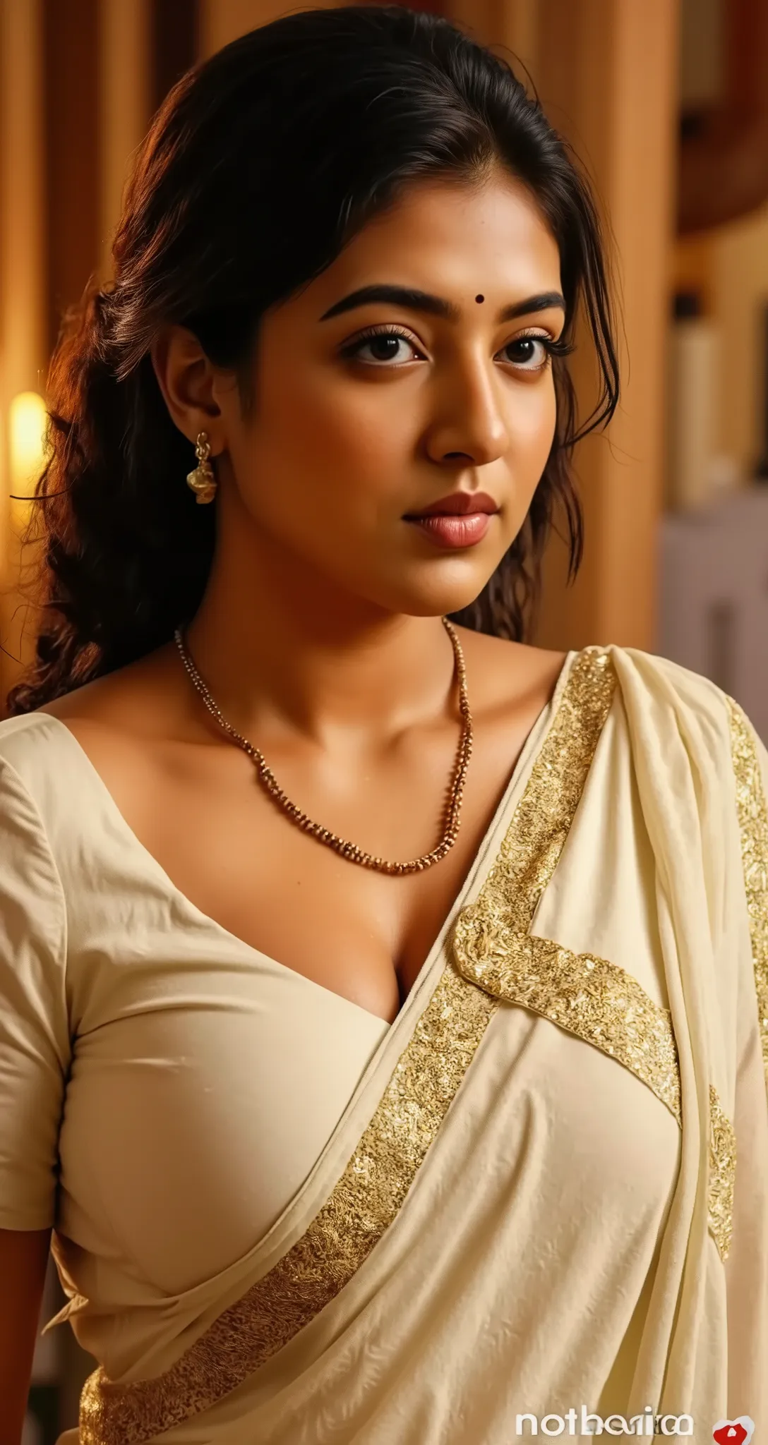 A curvaceous Indian woman with short, curly hair stands in a shower room, wearing a sky blue padded push-up bra and a soaked, transparent white saree that clings to her hourglass figure. Her jet-black hair is drenched, water streaming down her smooth, glis...