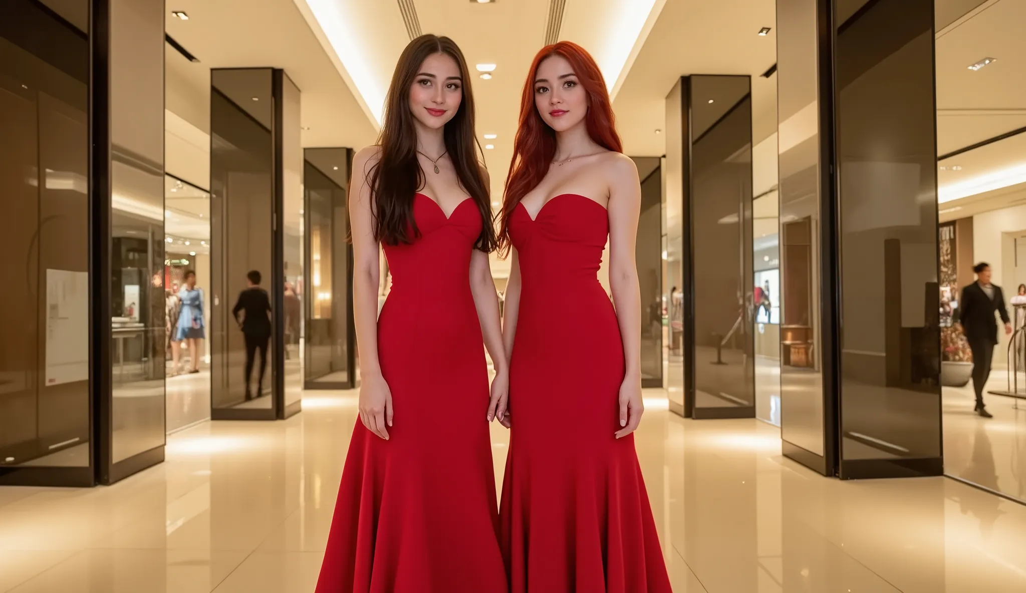 Two beautiful women standing close together, smiling directly at the camera in front of a luxurious shopping mall entrance with modern glass walls and soft ambient lighting. One has long chestnut brown hair (Lia), the other has long red wavy hair (Helena)....