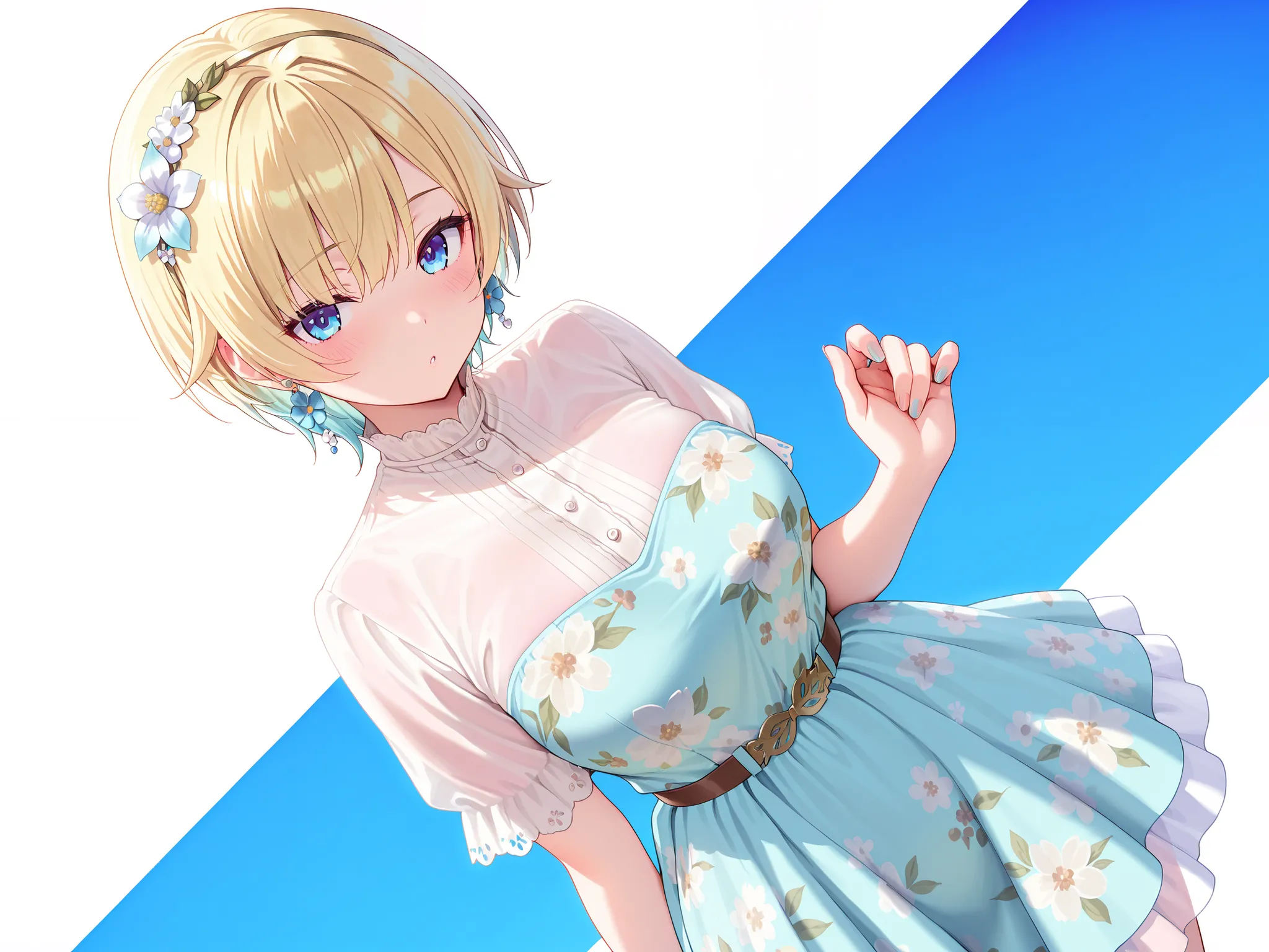 masterpiece,best quality, amazing quality, highres, absurdres, very aesthetic, high resolution, ultra detailed, perfect details,EmaOnePiece, short hair, flower hairband, flower earrings, floral print One-Piece dress, layered skirt,、anime screencap