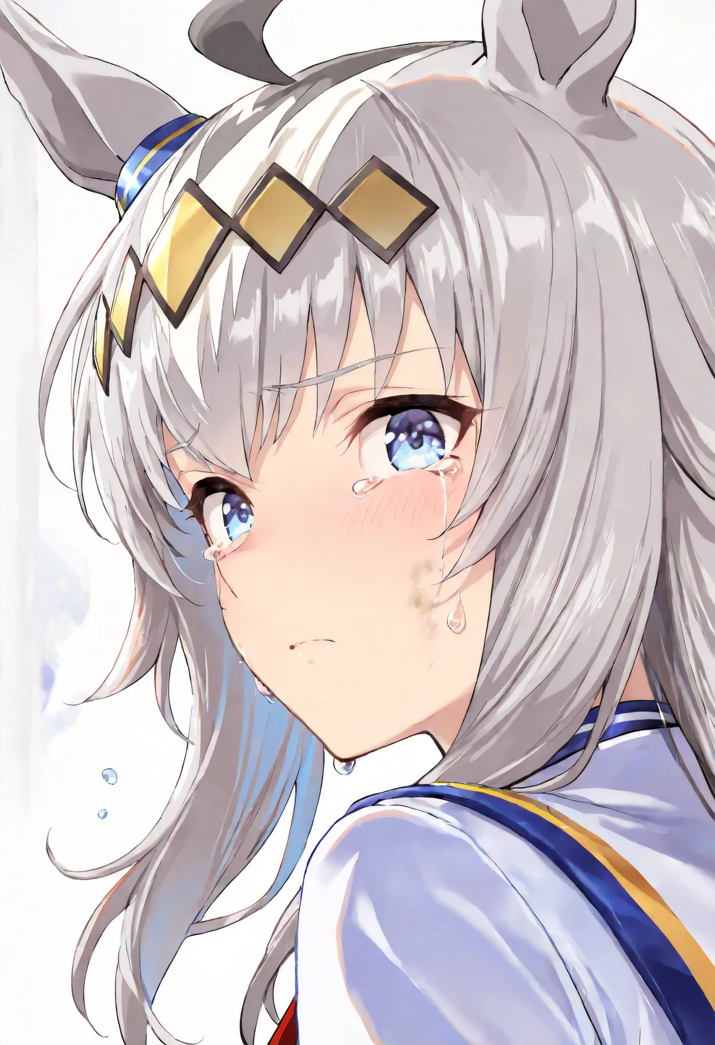 (masterpiece, best quality, perfect face:1.4), (((close up face))),head shot, oguri cap \(umamusume\), ((running figure)), 1girl, blue eyes, multicolored hair, long hair, grey hair, ahoge, hair ornament, horse ears, looking back, sad expression, teary eyes...
