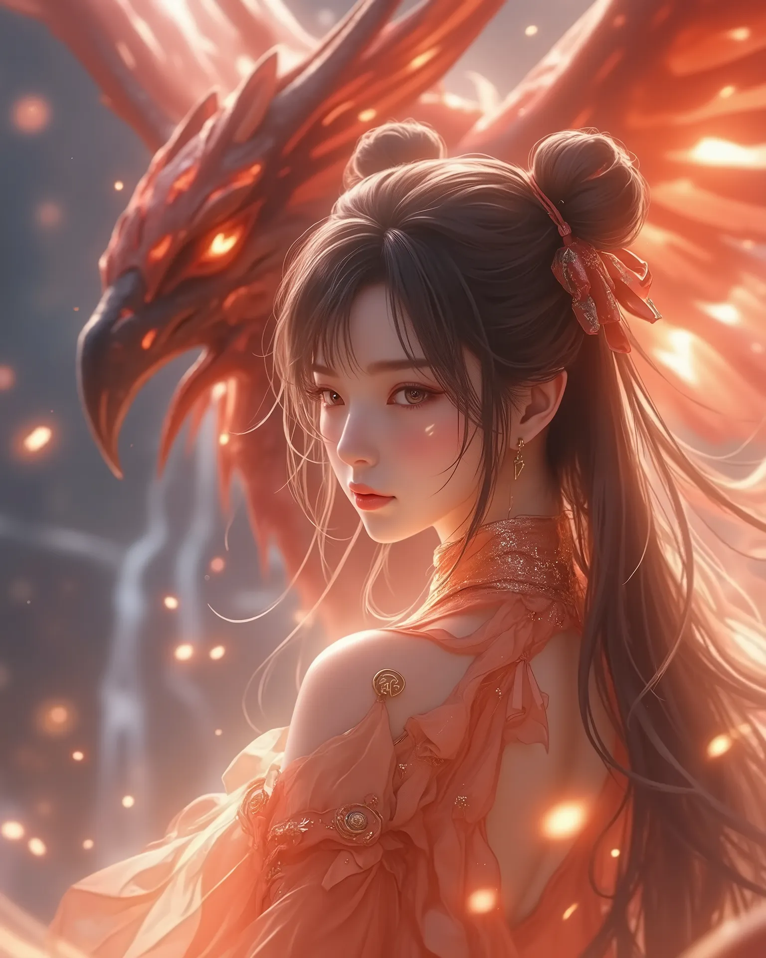Very beautiful Final Fantasy style, portrait of oriental beauty, with a beautiful face, two balls of buns on the head, long black ponytail hair and bangs, big , body The girl is graceful, her skin is as snowy as her eyebrows, and her eyebrows are filled wi...