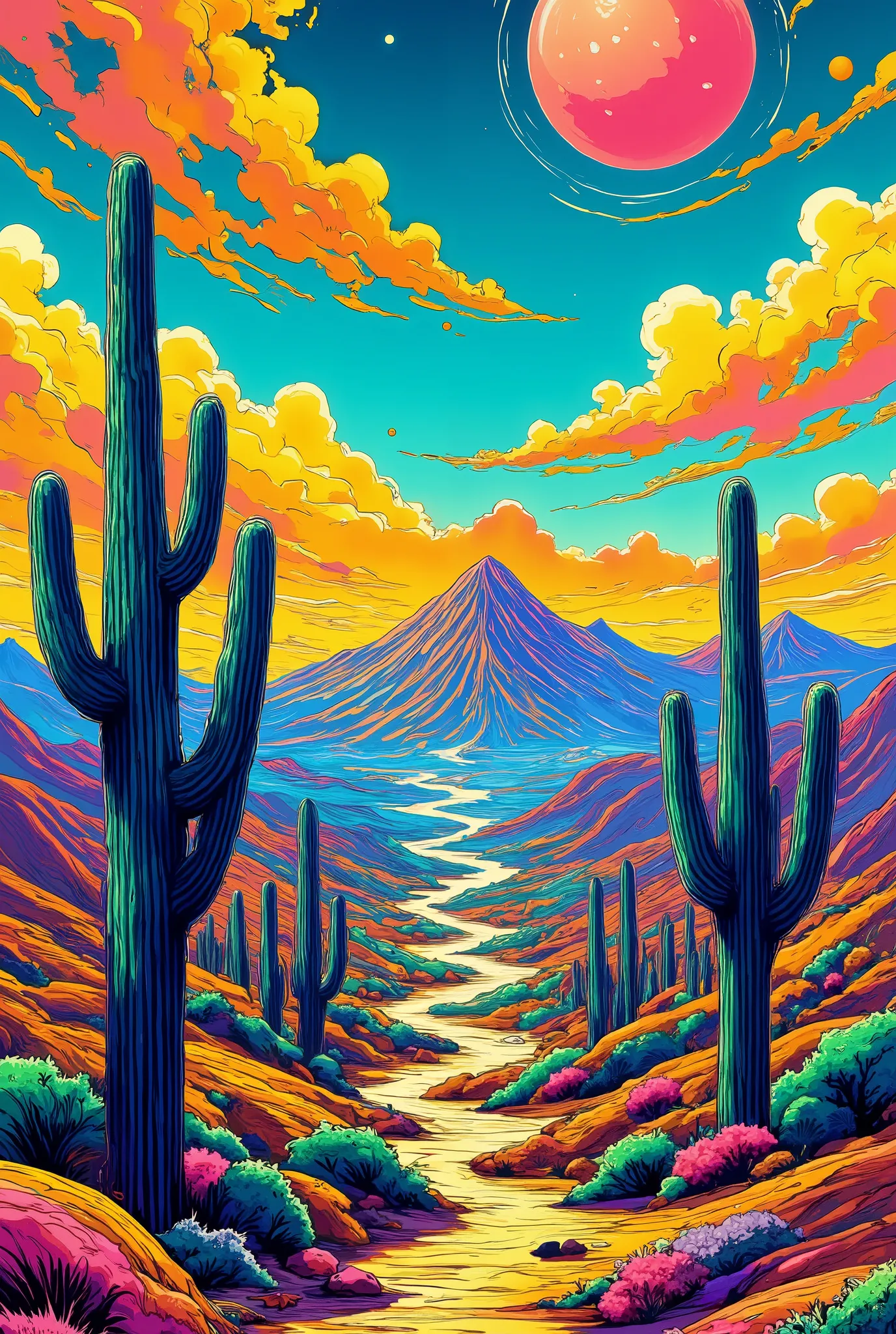 Pop-art landscape: bold colors, flat shapes, featuring cacti and desert mountains in a postmodern style