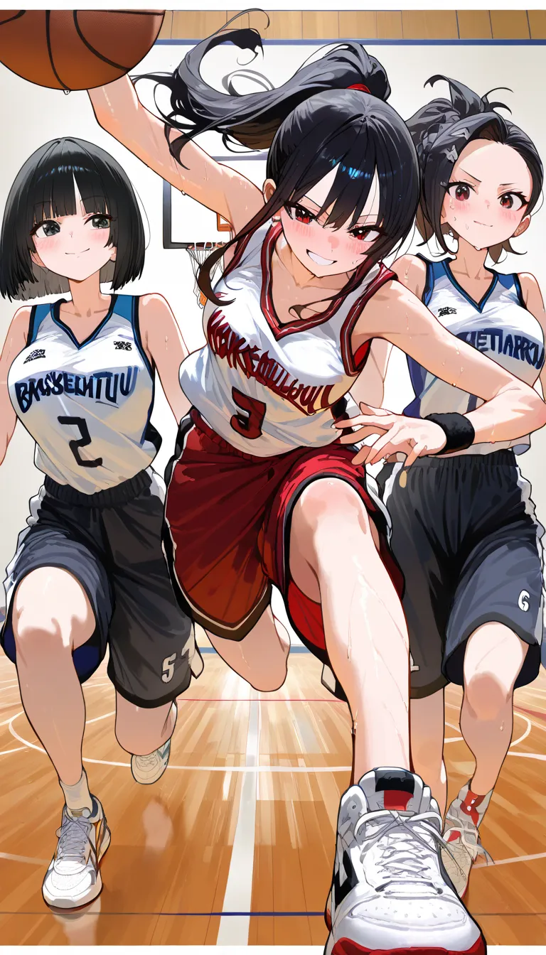(beautiful girl : 1.3),4 girls,(basketballのユニフォーム,wristband,sneakers,basketball),black hair,ponytail,bob cut,bun hair,wave hair without closing,braids,very short hair,Forehead,smile,embarrassing,blush,sweat, in the middle,group photo,basketballコート,active,dynamic angles,masterpiece,Highest Quality,Rich Contrast,high image quality,8k,high-definition CG unit wallpaper,texture,unbelievably absurd, RAW photos ,deep border 1 .2,very detailed