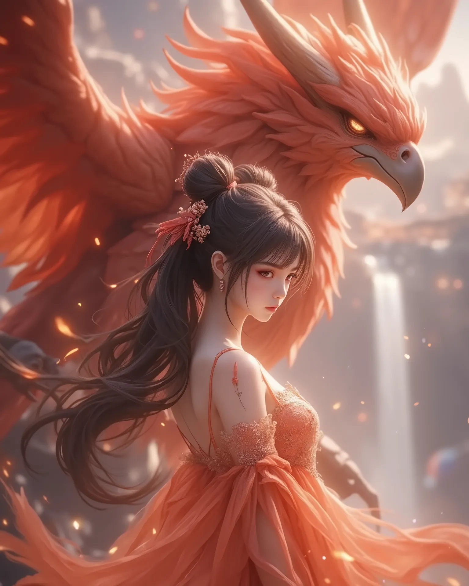 Very beautiful Final Fantasy style, portrait of oriental beauty, with a beautiful face, two balls of buns on the head, long black ponytail hair and bangs, big , body The girl is graceful, her skin is as snowy as her eyebrows, and her eyebrows are filled wi...