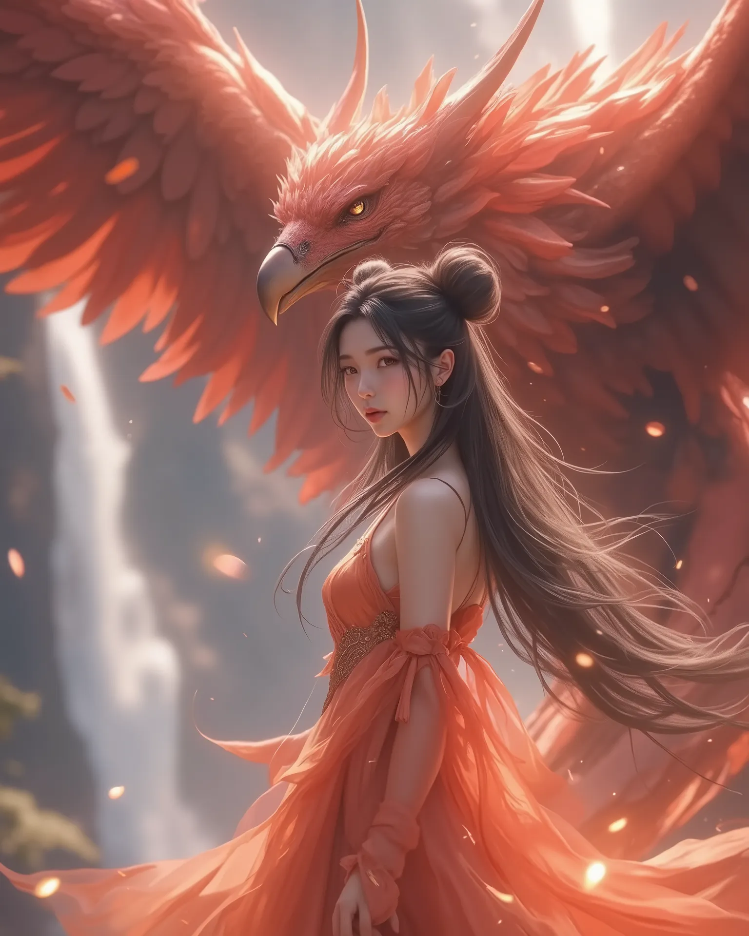 Very beautiful Final Fantasy style, portrait of oriental beauty, with a beautiful face, two balls of buns on the head, long black ponytail hair and bangs, big , body The girl is graceful, her skin is as snowy as her eyebrows, and her eyebrows are filled wi...