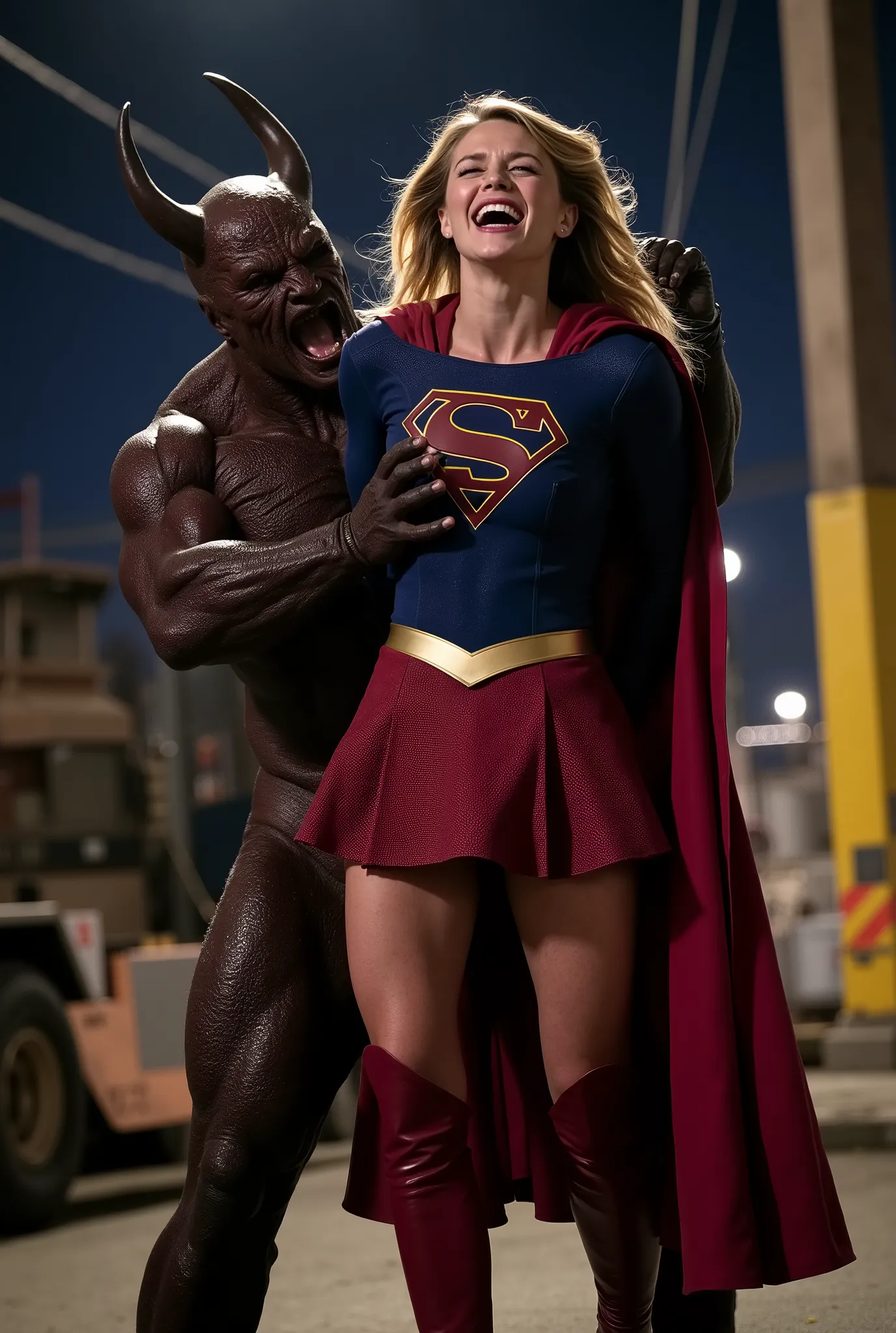 Melissa Benoist as Supergirl, fighting with a strong fierce devil, she is screaming in pain, do not smile, arms behind her back, try to resist, wearing a Supergirl costume, blue shirt and very short skirt, red high boots, she is attacked from behind by a h...