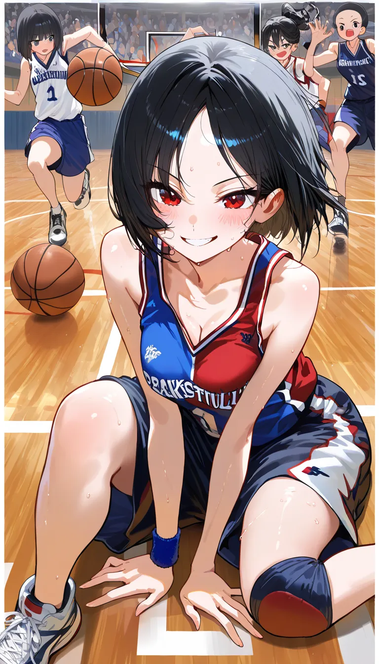 (beautiful girl : 1.3),4 girls,(basketballのユニフォーム,wristband,sneakers,basketball),black hair,ponytail,bob cut,bun hair,wave hair without closing,braids,very short hair,Forehead,smile,embarrassing,blush,sweat, in the middle,group photo,basketballコート,active,dynamic angles,masterpiece,Highest Quality,Rich Contrast,high image quality,8k,high-definition CG unit wallpaper,texture,unbelievably absurd, RAW photos ,deep border 1 .2,very detailed