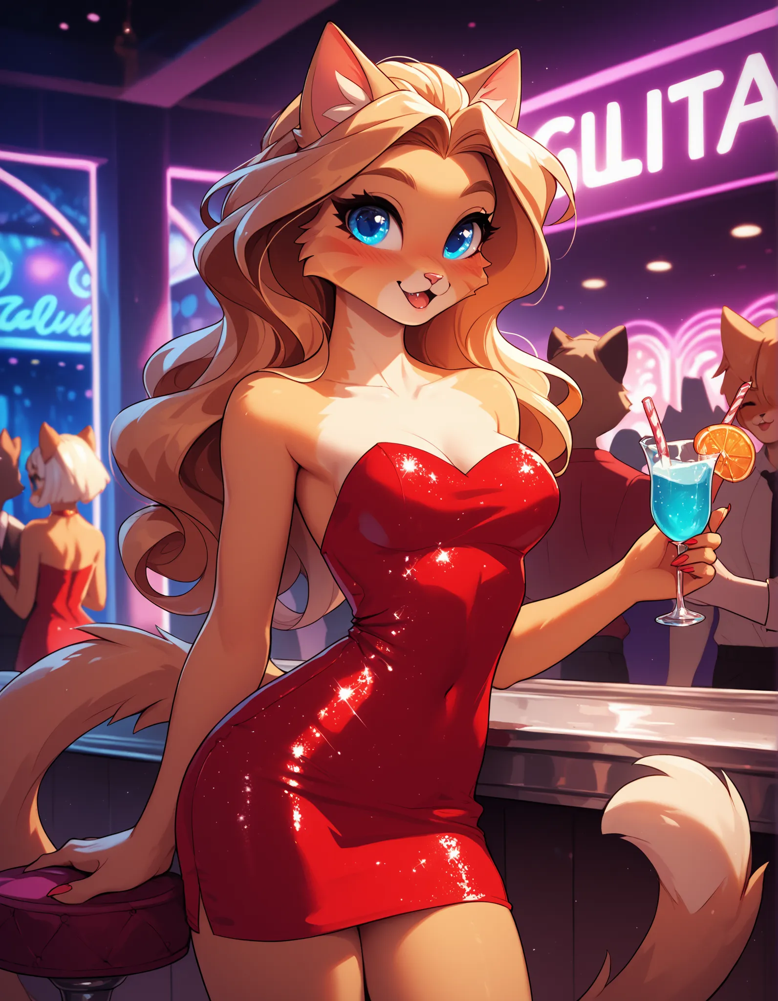 cute anthro cat girl with long blond hair and blue eyes, medium breasts, skinny, swishing tail, wearing a glittery red dress, strapless dress, short dress, in a nightclub, very detailed