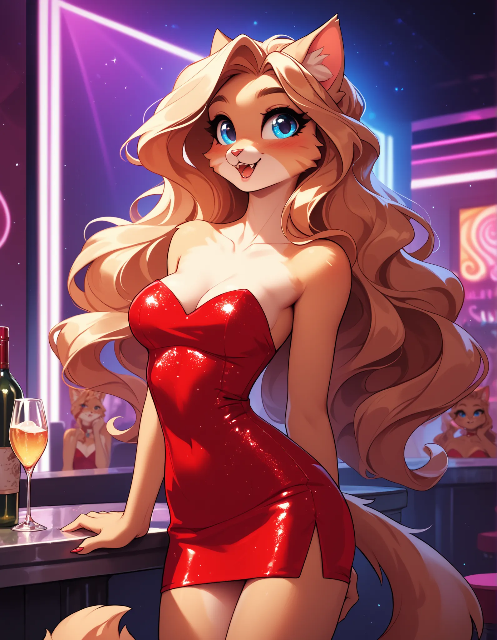 cute anthro cat girl with long blond hair and blue eyes, medium breasts, skinny, swishing tail, wearing a glittery red dress, strapless dress, short dress, in a nightclub, very detailed