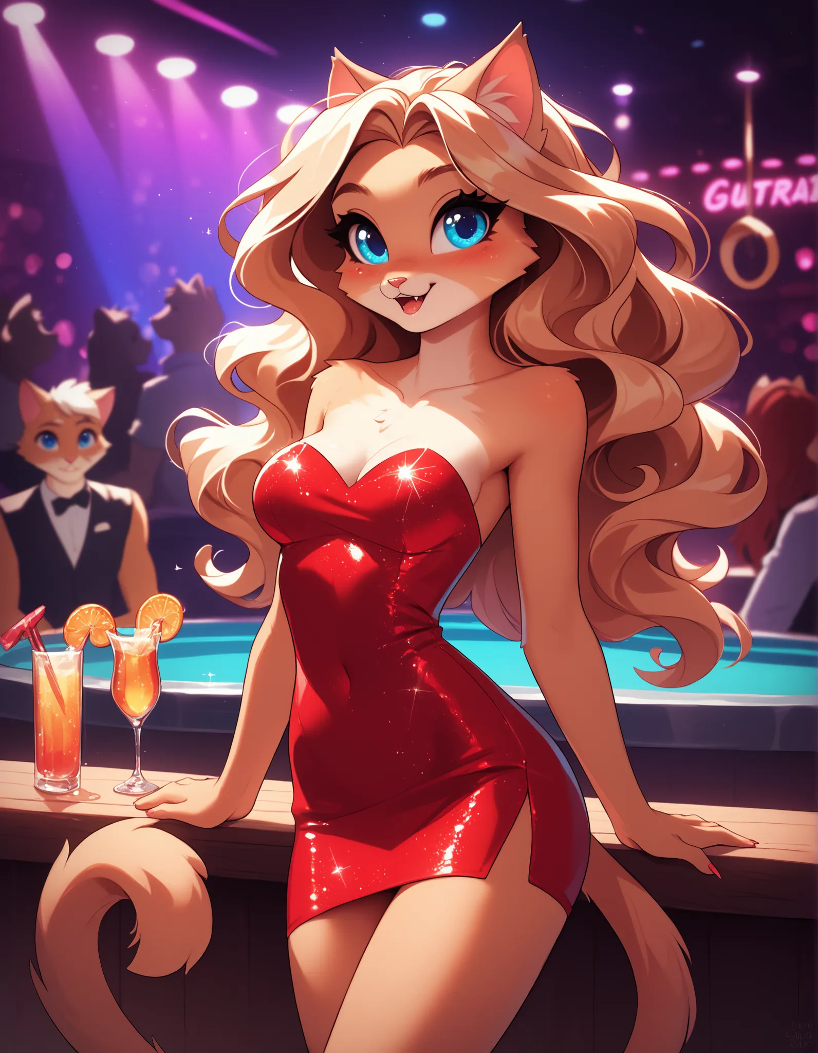 cute anthro cat girl with long blond hair and blue eyes, medium breasts, skinny, swishing tail, wearing a glittery red dress, strapless dress, short dress, in a nightclub, very detailed