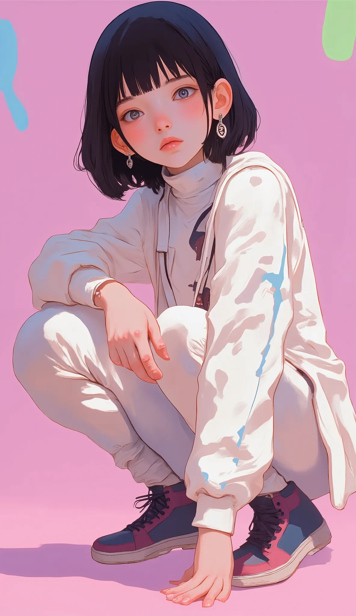 People with black short hair and multiple piercings are depicted in stylized pictures. They wear a sporty outfit composed of a white track jacket with white stripes, high-collar white shirt worn underneath, And white pants with white stripes. This ensembl...