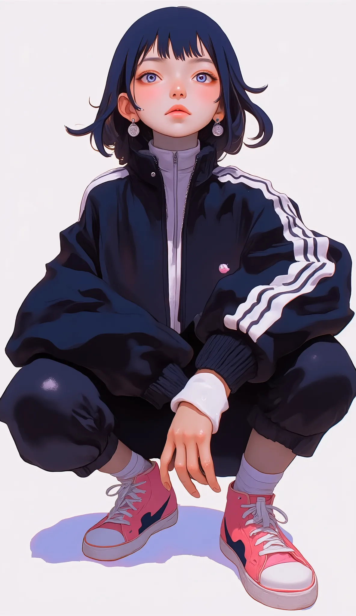 People with black short hair and multiple piercings are depicted in stylized pictures. They wear a sporty outfit consisting of a black track jacket with white stripes, high-collar white shirt worn underneath, and black pants with white stripes. This ensem...