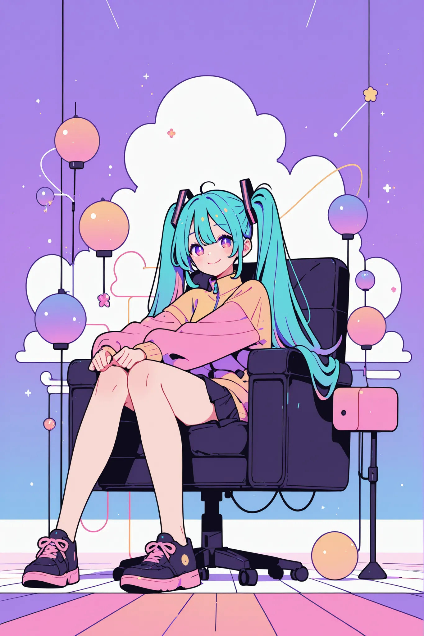 Hatsune Miku、in a dreamy electronic music world、Sit in a virtual chair、Composition、looks like fun、smile、stretch both arms、 angled angle