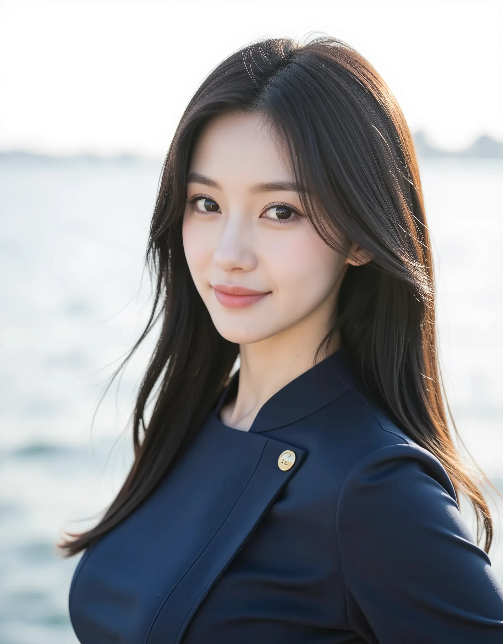 A stunning Japanese woman in her early 30s, with long straight silky black hair, small V-shaped face, large almond-shaped eyes, flawless porcelain skin, glossy pink lips, natural makeup, slightly smiling, wearing a navy blue elegant dress with gold buttons...