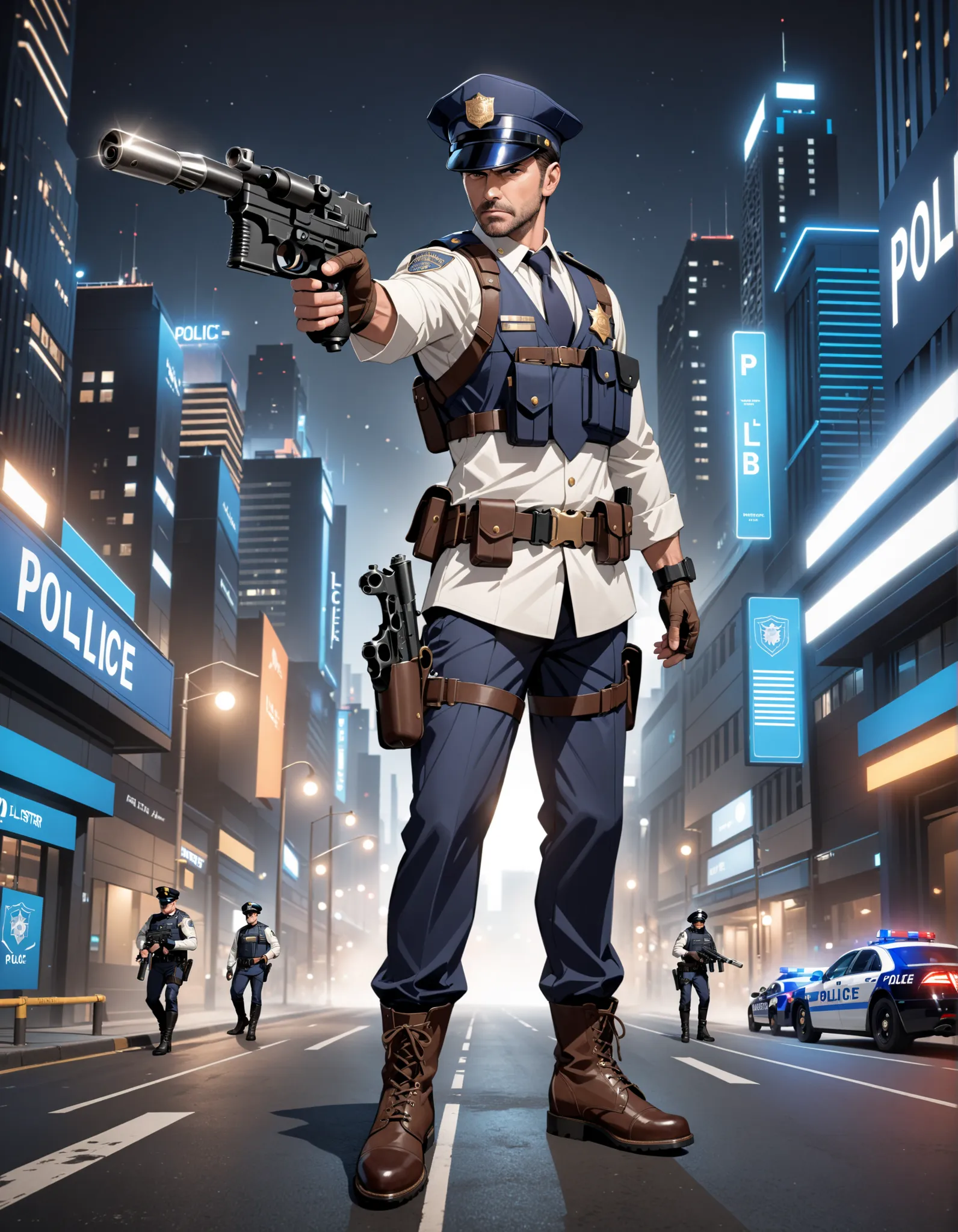 (masterpiece), (best quality), (high res), 1boy, mature man, male focus, perfect hands, perfect anatomy, brown hair, (hat, dark blue police hat), (black boots, matching boots), (holding and aiming gun, dl44blstr pistol), fingerless gloves, (full body portr...