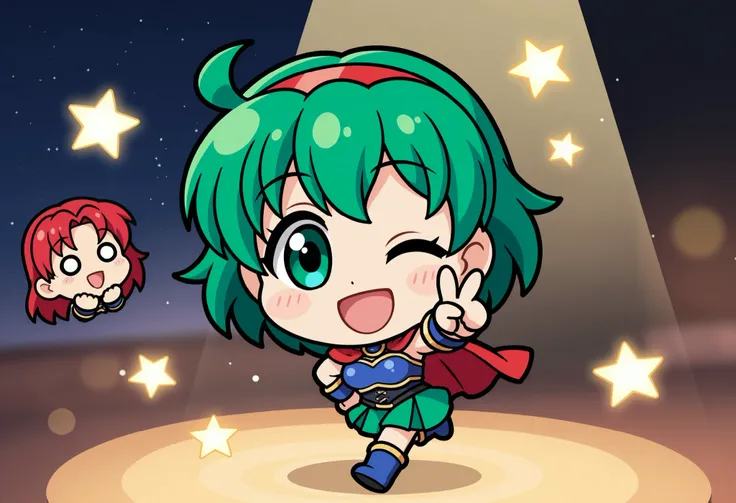 Starry Flowing Background, 1 girl, mumu, green hair, Blue Breastplate, red hair band, blue boots, chibi,  laugh, V sign, official art, deformed, Chibi Kawaii, 4K high image quality, Professional Finish, Extreme Details, HDR, UHD, studio lighting, bokeh, Ha...