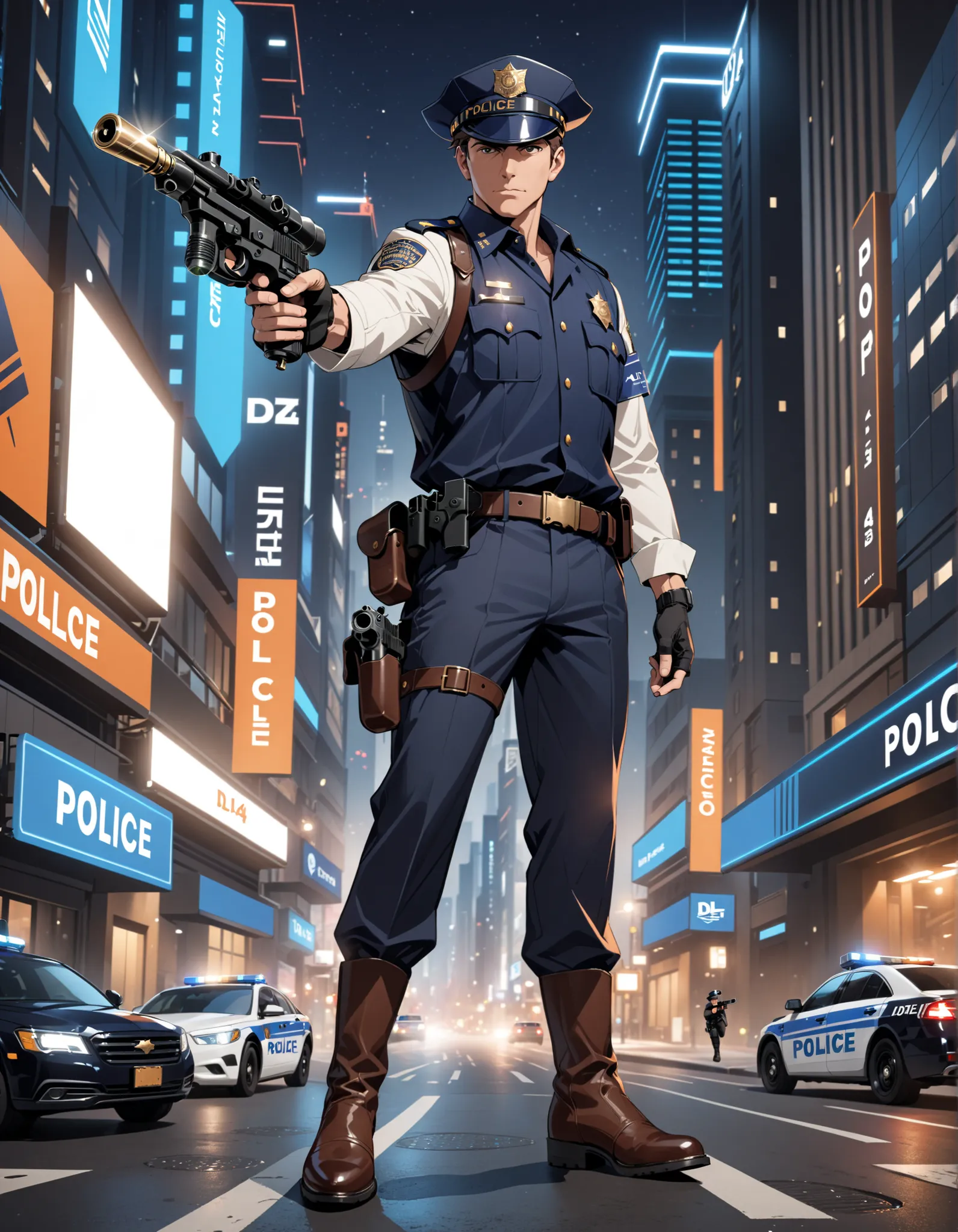 (masterpiece), (best quality), (high res), 1boy, mature man, male focus, perfect hands, perfect anatomy, brown hair, (hat, dark blue police hat), (black boots, matching boots), (holding and aiming gun, dl44blstr pistol), fingerless gloves, (full body portr...