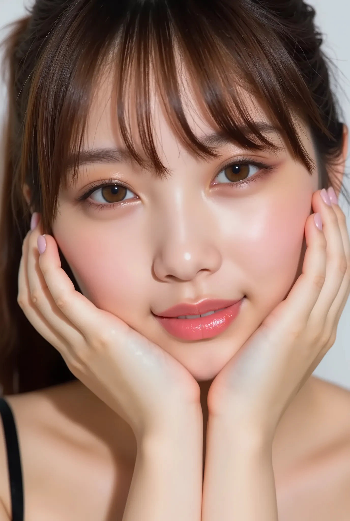 extreme close-up portrait of a beautiful young Japanese woman in her early twenties, ultra photo-realistic, hyper-detailed soft skin with natural pores and fine peach fuzz, slightly flushed cheeks glowing with warmth, glossy natural lips slightly parted in...