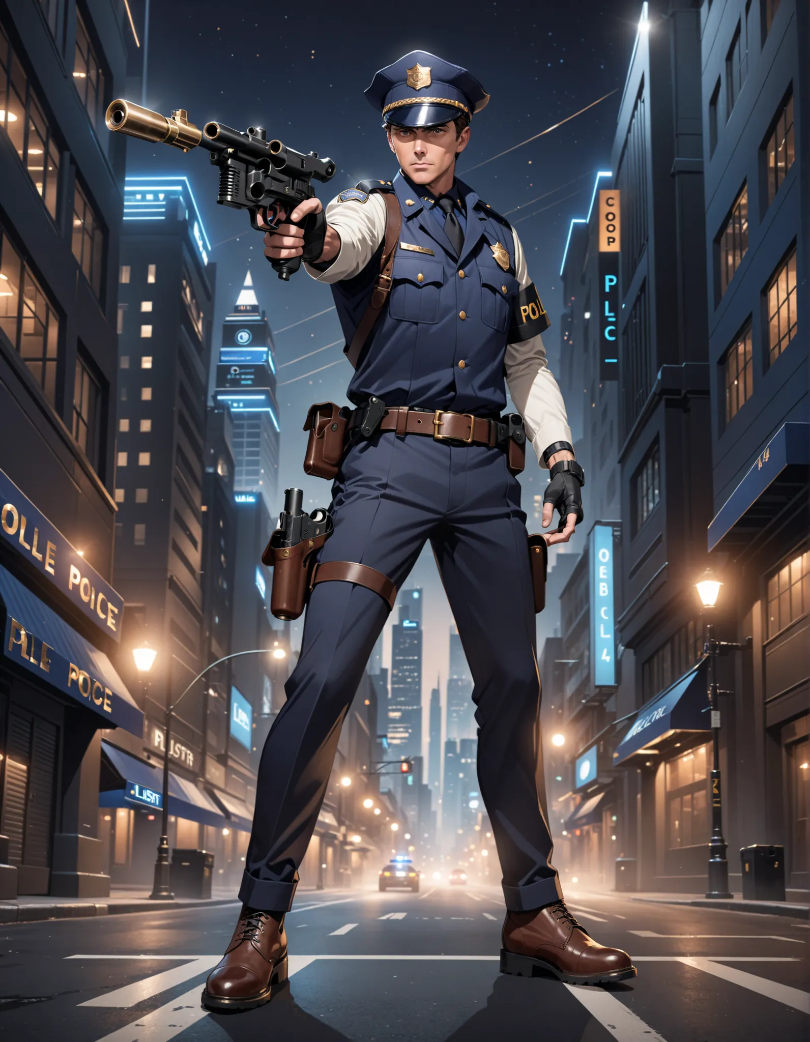 (masterpiece), (best quality), (high res), 1boy, mature man, male focus, perfect hands, perfect anatomy, brown hair, (hat, dark blue police hat), (black boots, matching boots), (holding and aiming gun, dl44blstr pistol), fingerless gloves, (full body portr...