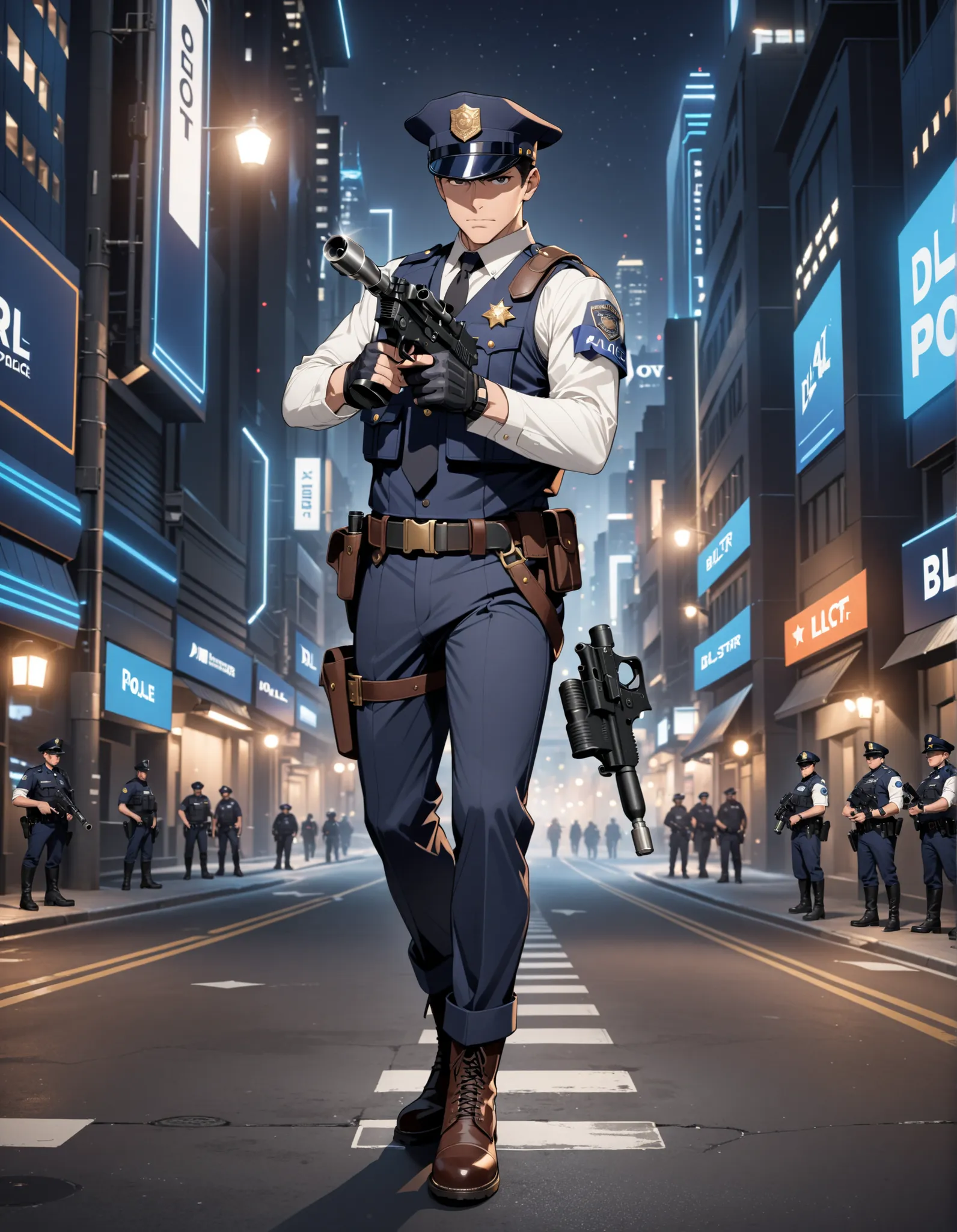 (masterpiece), (best quality), (high res), 1boy, mature man, male focus, perfect hands, perfect anatomy, brown hair, (hat, dark blue police hat), (black boots, matching boots), (holding and aiming gun, dl44blstr pistol), fingerless gloves, (full body portr...