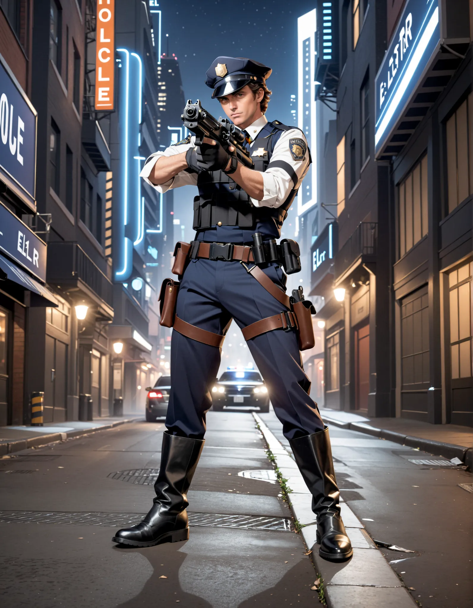 (masterpiece), (best quality), (high res), 1boy, mature man, male focus, perfect hands, perfect anatomy, brown hair, (hat, dark blue police hat), (black boots, matching boots), (holding and aiming gun, e11blstr rifle), fingerless gloves, (full body portrai...