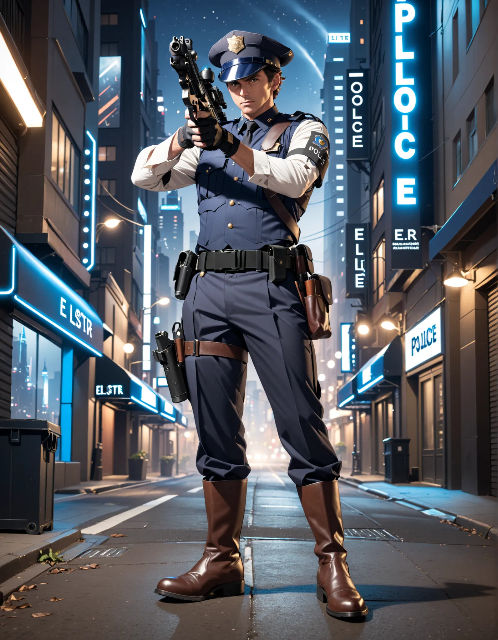 (masterpiece), (best quality), (high res), 1boy, mature man, male focus, perfect hands, perfect anatomy, brown hair, (hat, dark blue police hat), (black boots, matching boots), (holding and aiming gun, e11blstr rifle), fingerless gloves, (full body portrai...