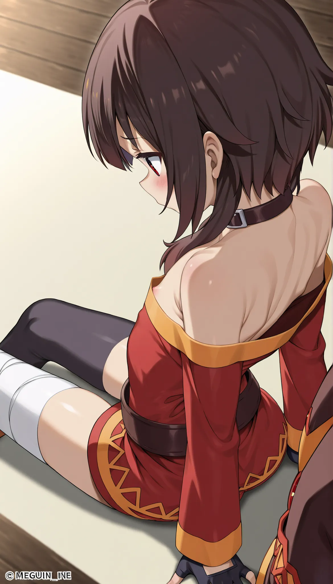 (megumin,sitting on floor:1.5)、(ultra small chest:1.1)、(ultra flat chest:1.1)、(downblouse:0.7)、(nipple slip-out:0.7)、(ultra super fine illustration:1.1)、(extremely detailed CG:1.1)、(best quality:1.1)、(ultra slim:1.1)、(chest focus:1.1)、(from above:1.7)、(fro...