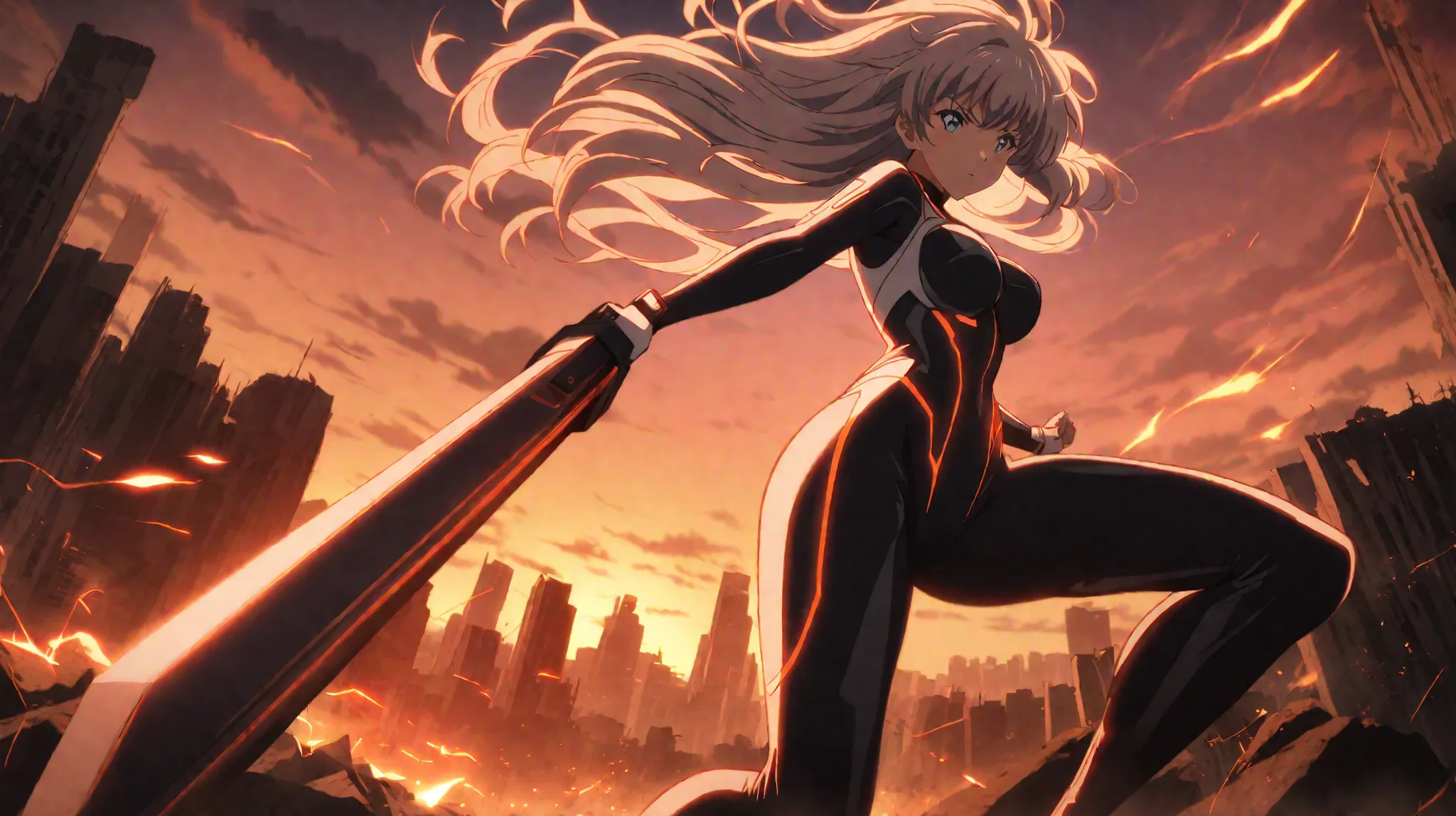 1girl, solo, anime style, full body, dynamic action pose, low angle, dramatic perspective, extreme foreshortening, massive glowing greatsword, two-handed sword, red and white glossy pilot suit, futuristic sci-fi design, mecha anime style, flowing hair, win...