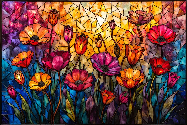 stained glass, vibrant flower garden. Small pieces of brightly colored glass and thick lead wires, bright style