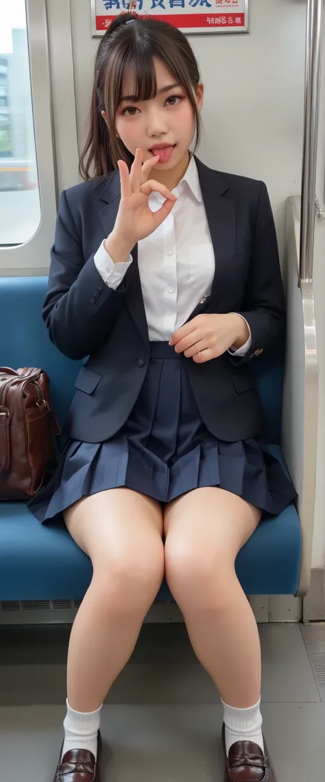 Japanese high school girl, 1 girl, black blazer, white blouse, a blue ribbon, too short blue pleated skirt, white socks, loafers, brown hair, middle breast, sitting on train seat, wide hip, thick thigh, focused on (little visible vivid pink panties:0.7), (...