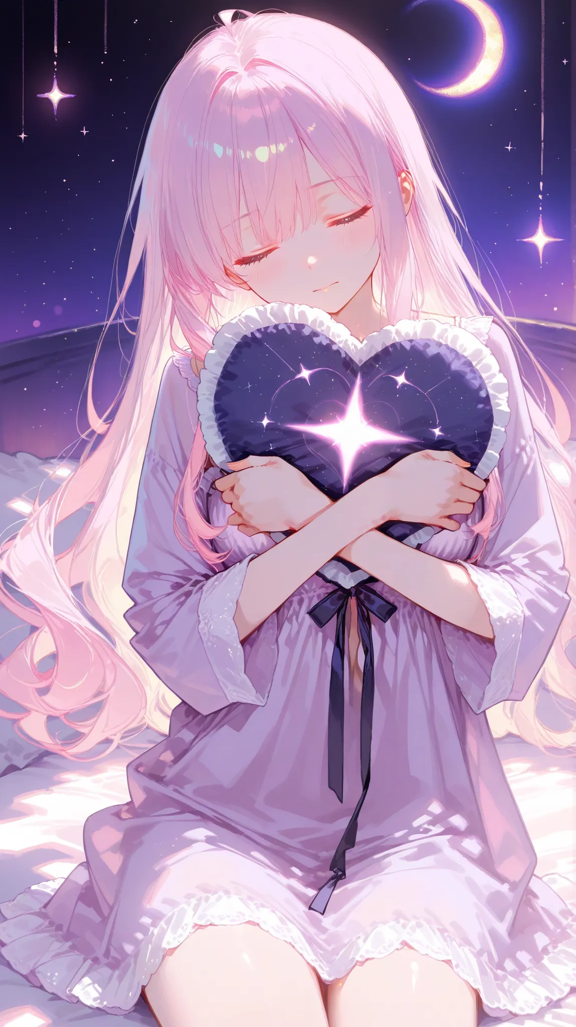 A soft and dreamy anime-style girl with pastel pink hair and gentle closed eyes, holding a large heart-shaped pillow. She wears a light lavender nightgown with subtle star patterns. The background is a glowing gradient of pink and purple, filled with twink...