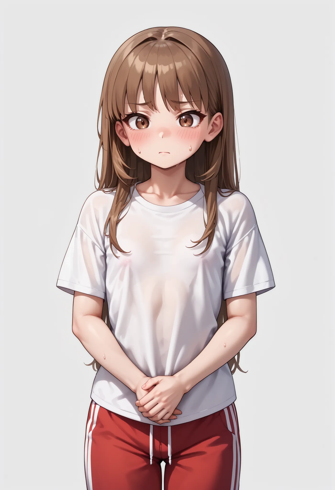 source_anime ,score_9, score_8_ up, score_7, ((White background)) ((Russian woman)) ((1girl)) (solo girl) ,30 years old, rathing_questionable (White oversized t-shirt:1.4) (Red sweatpants:1.2), brown eyes , (brown Long hair) , straight hair , ((small brea...