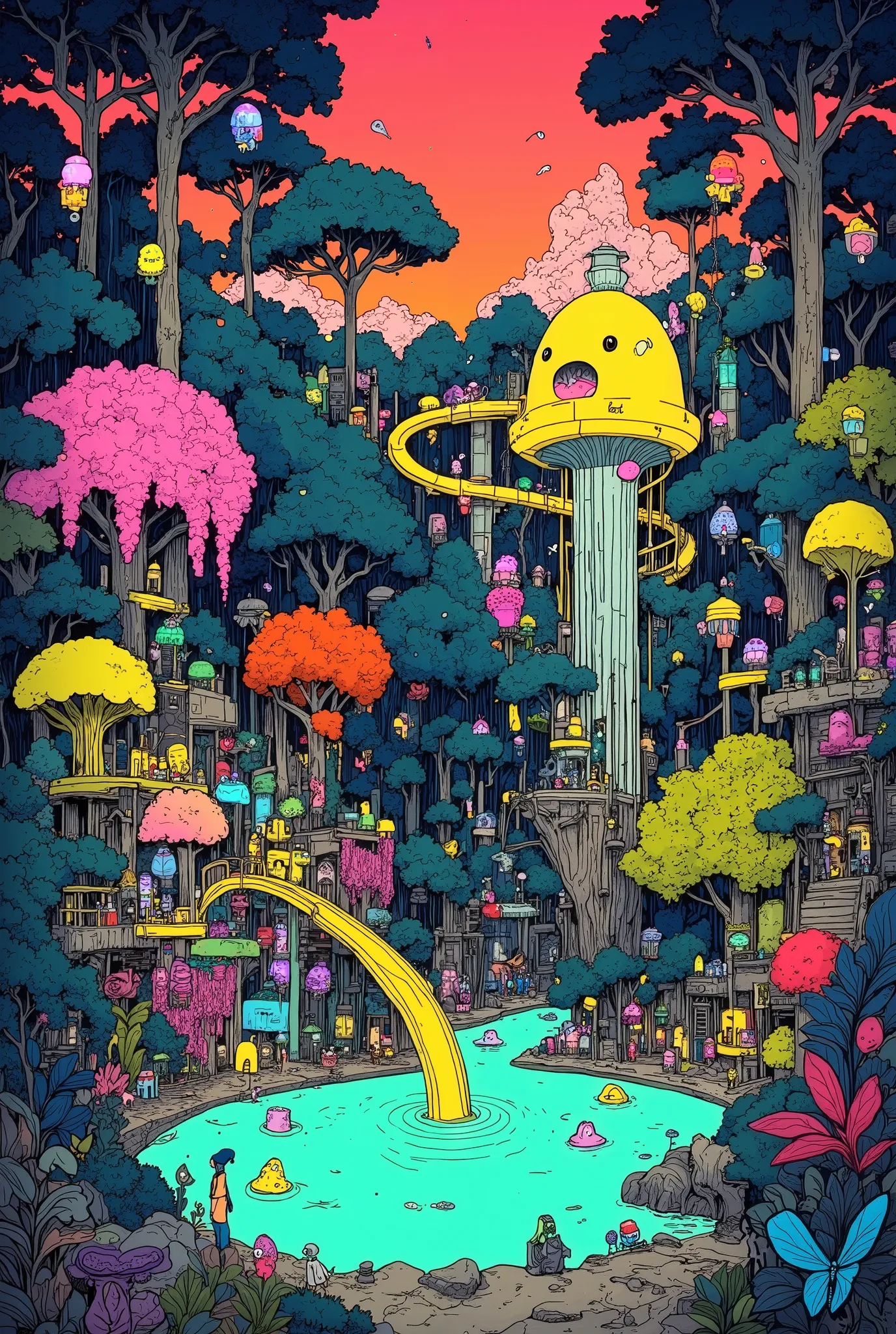A fantastic crimson sunset in a magnificent rainforest. Turquoise Lake Ukiyo-e in the jungle - anime. on the shore stands an intricate lemon-yellow fairy-tale water park with blue water, fancy slides and gutters, glowing silver men having fun in the water....