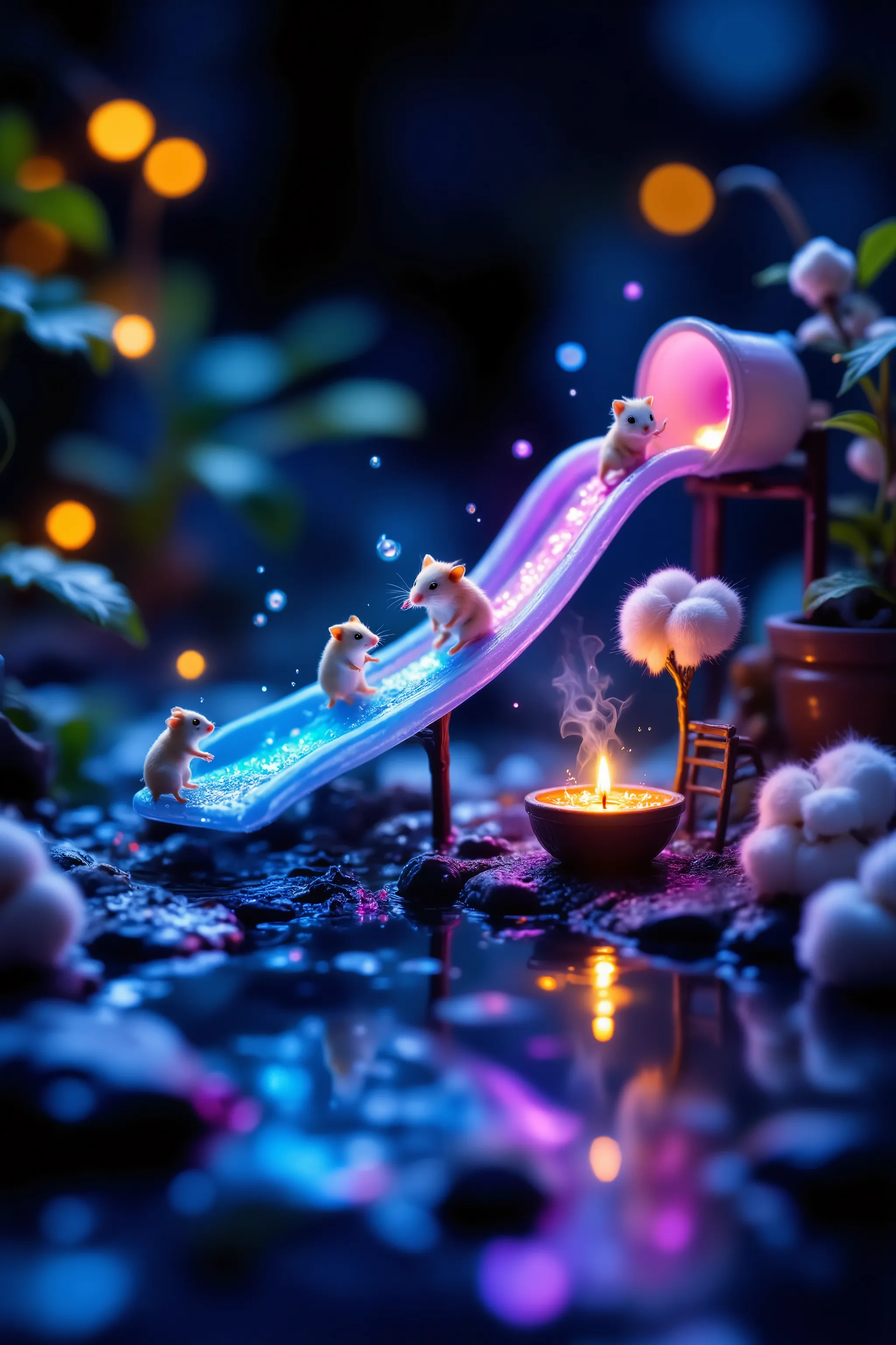 Hyper-realistic macro art in style of Ashraful Arefin. Scene: night-time miniature water park built by hamsters from household objects. Central focus: glowing LED-lit hamster slide made from curved plastic tubing, illuminated from inside with soft neon blu...