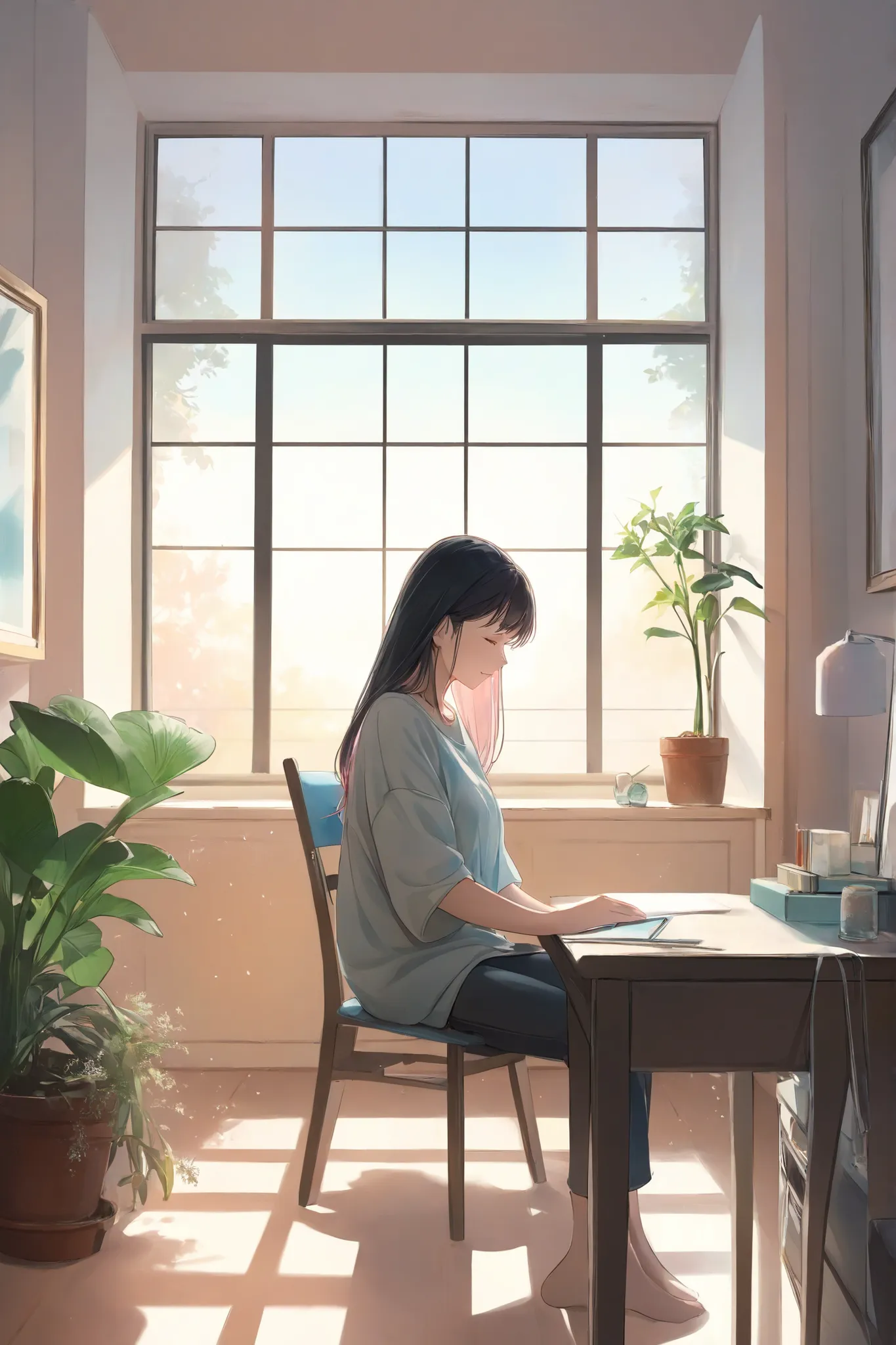 Mental health poster, ilustrasi, potret, wanita, calm facial expression, Relaxed posture , leaning on a chair, room with pastel-colored walls, natural light window, houseplants, soft colors, watercolor effect, conceptual art style, masterpiece, 4k, ultra-...