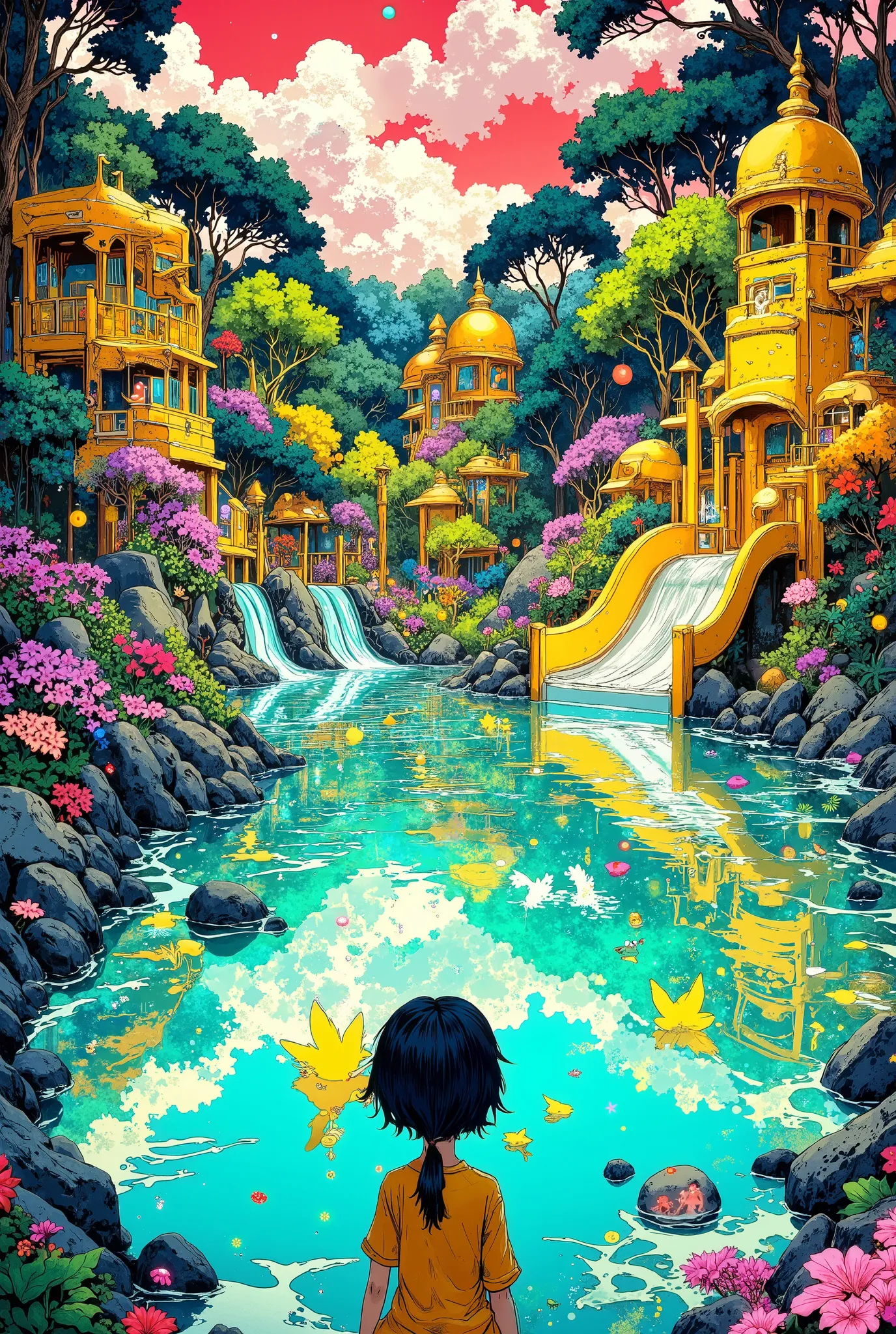 A fantastic crimson sunset in a magnificent rainforest. Turquoise Lake Ukiyo-e in the jungle - anime. on the shore stands an intricate lemon-yellow fairy-tale water park with blue water, fancy slides and gutters, glowing silver men having fun in the water....