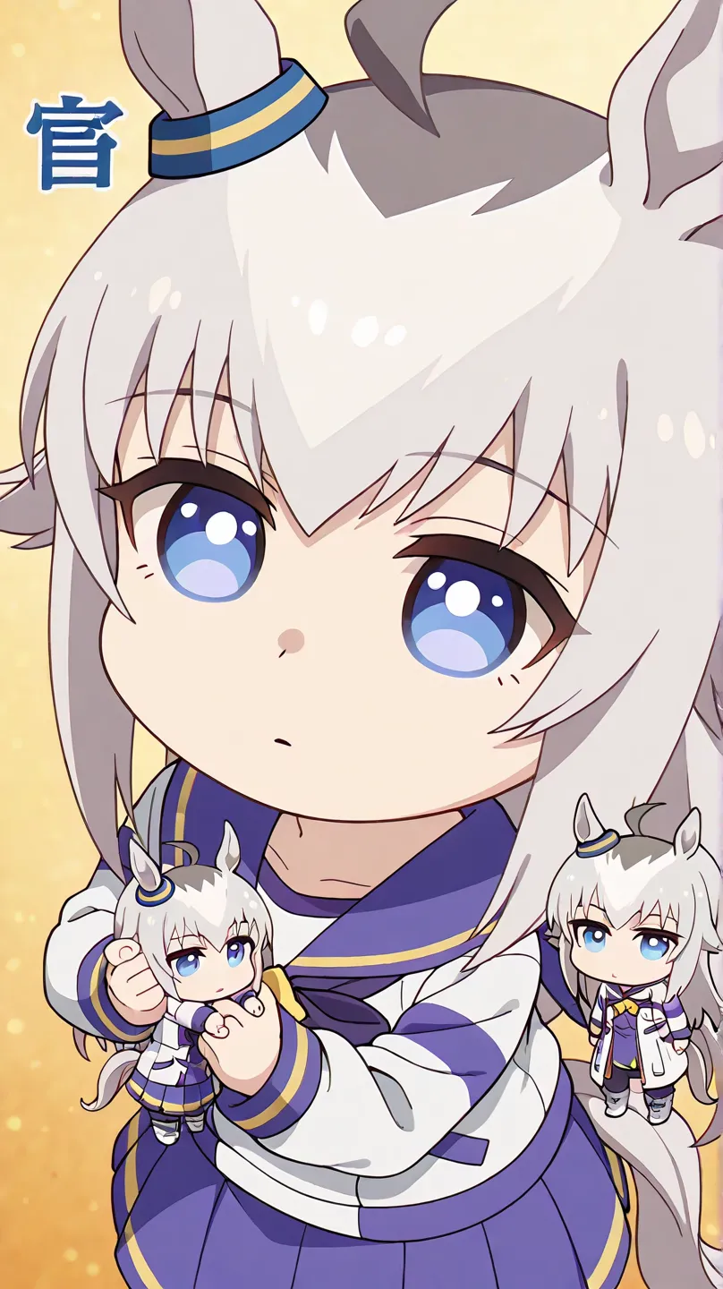 ogli cap,Uma Musume，( chibi:1.4)，
High Quality, 最High Quality, masterpiece, high definition, detailed face(Lola: Oguri), anatomically accurate, detailed hair(Lola: Oguri), detail bang(Lola: Oguri), anime coloring
solo , 1 girl on break day, long hair, horse ears, grey hair,  redhead, horse tail, blue eyes, colorful hair,
Little Chestnut, sailor collar, white shirt, middle, blue skirt, white coat, long sleeve, pantyhose, boots,
close-up, seen from above, upper body
live viewer, no expression