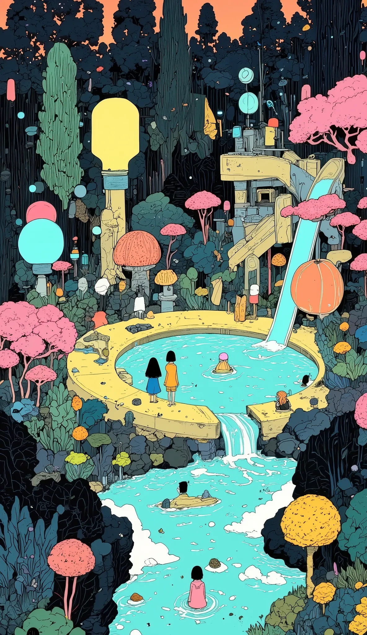 A fantastic crimson sunset in a magnificent rainforest. Turquoise Lake Ukiyo-e in the jungle - anime. on the shore stands an intricate lemon-yellow fairy-tale water park with blue water, fancy slides and gutters, glowing silver men having fun in the water....